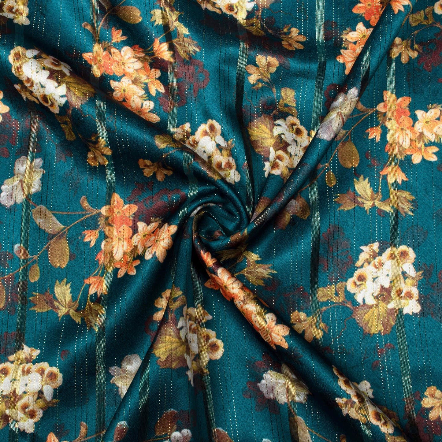 Cyprus Green And Orange Floral Pattern Digital Print Golden Lurex Satin Fabric