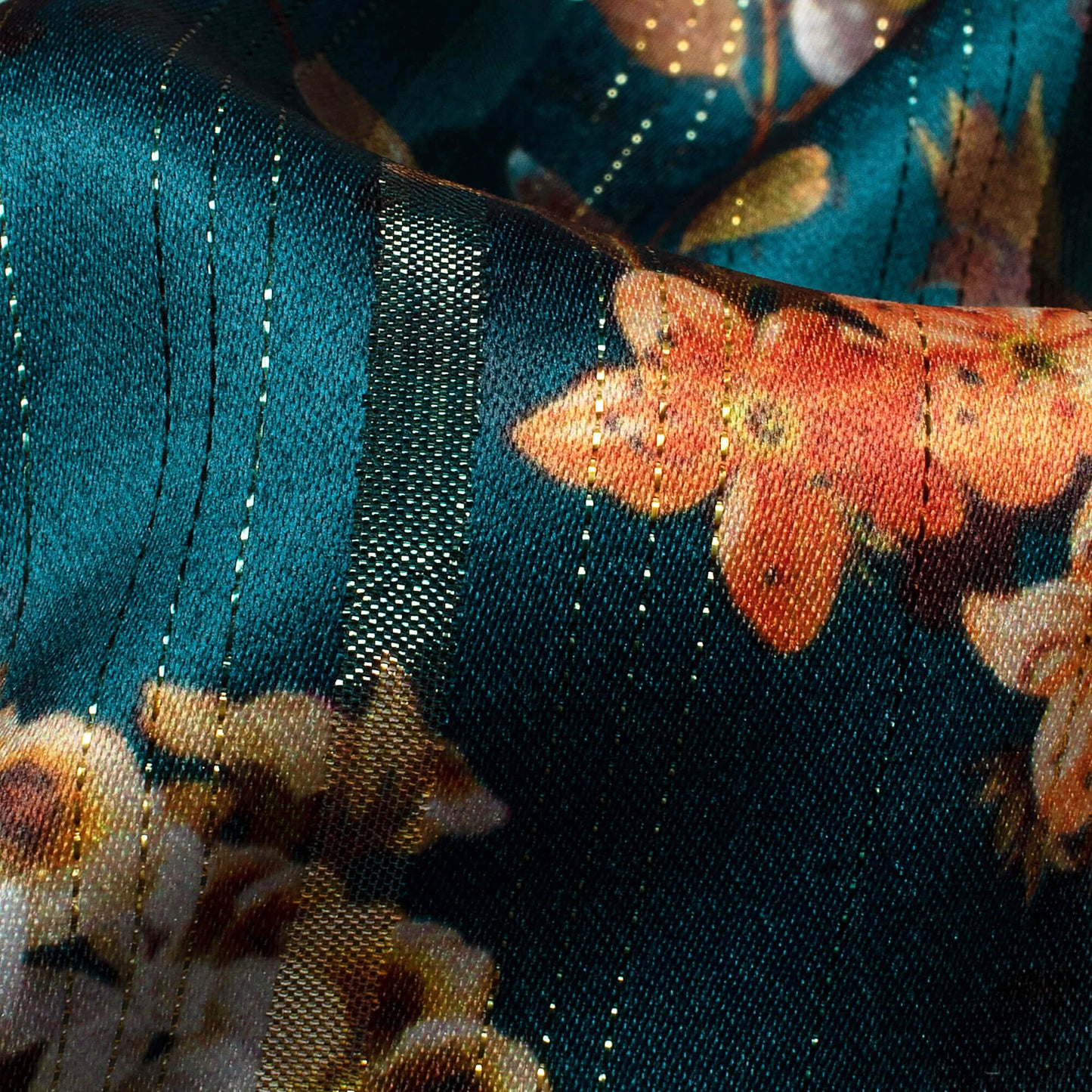 Cyprus Green And Orange Floral Pattern Digital Print Golden Lurex Satin Fabric