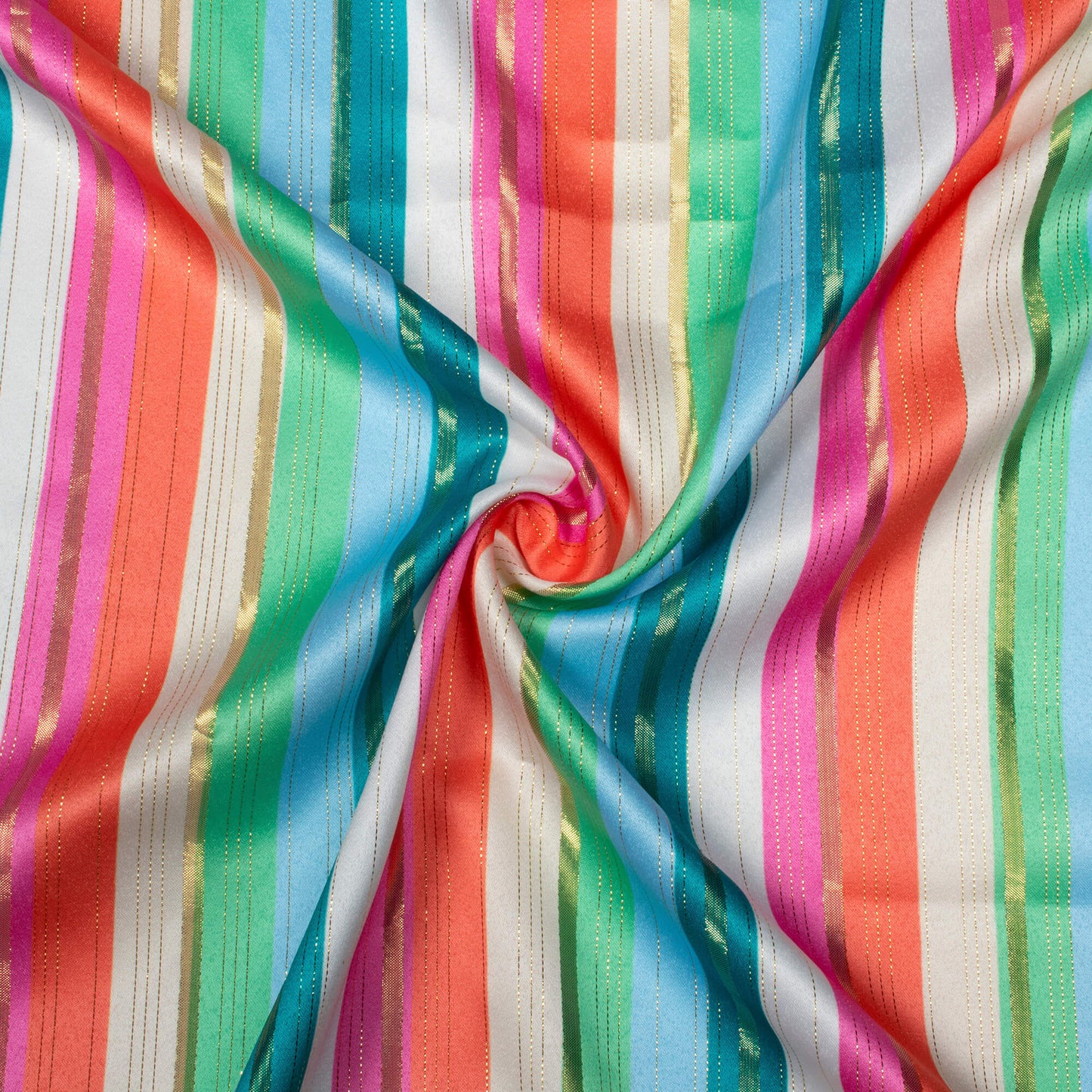 Off White And Orange Stripes Pattern Digital Print Golden Lurex Satin Fabric - Fabcurate