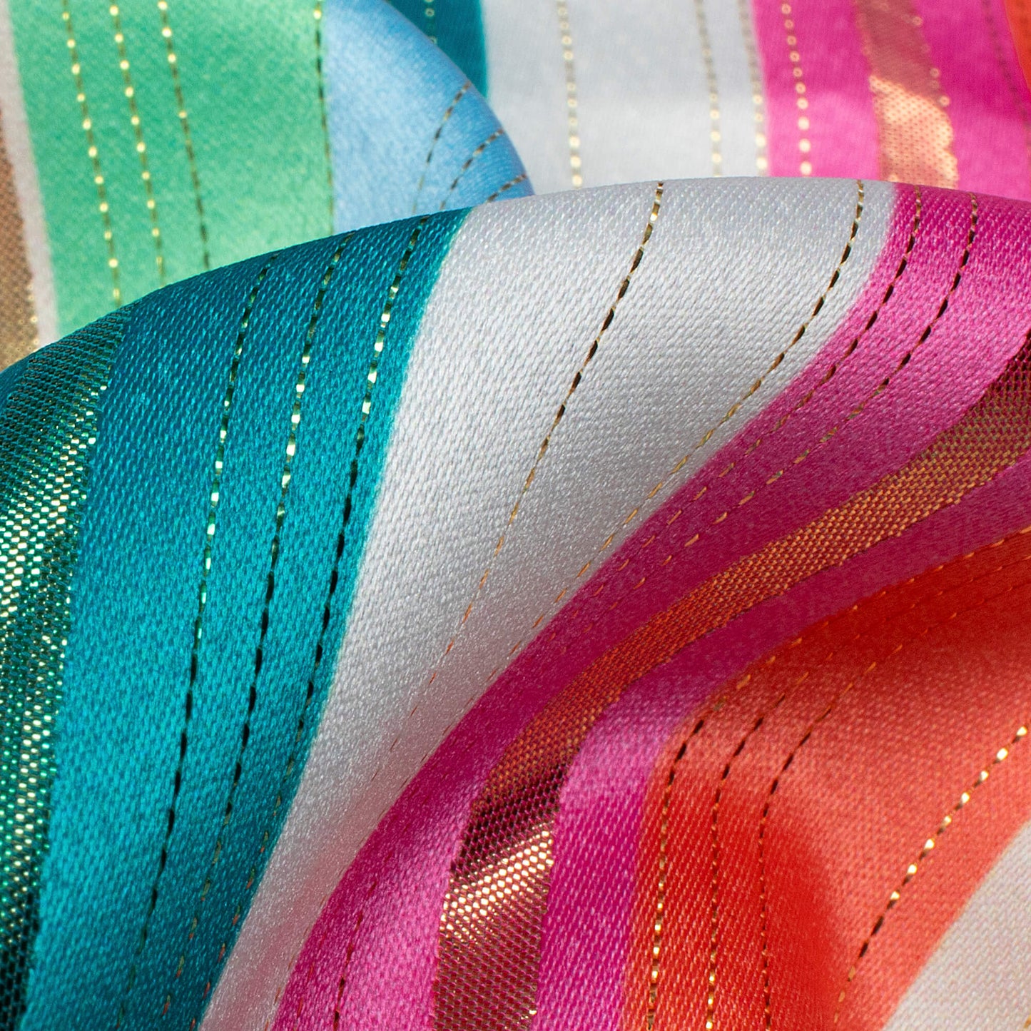 Off White And Orange Stripes Pattern Digital Print Golden Lurex Satin Fabric - Fabcurate