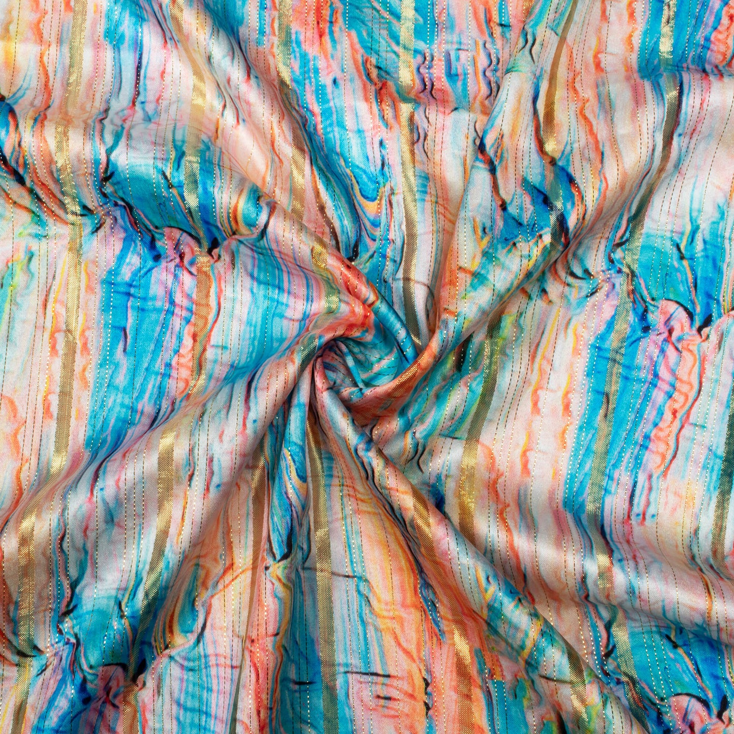 Deep Sky Blue And Charm Pink Shibori Pattern Digital Print Golden Lurex Satin Fabric - Fabcurate