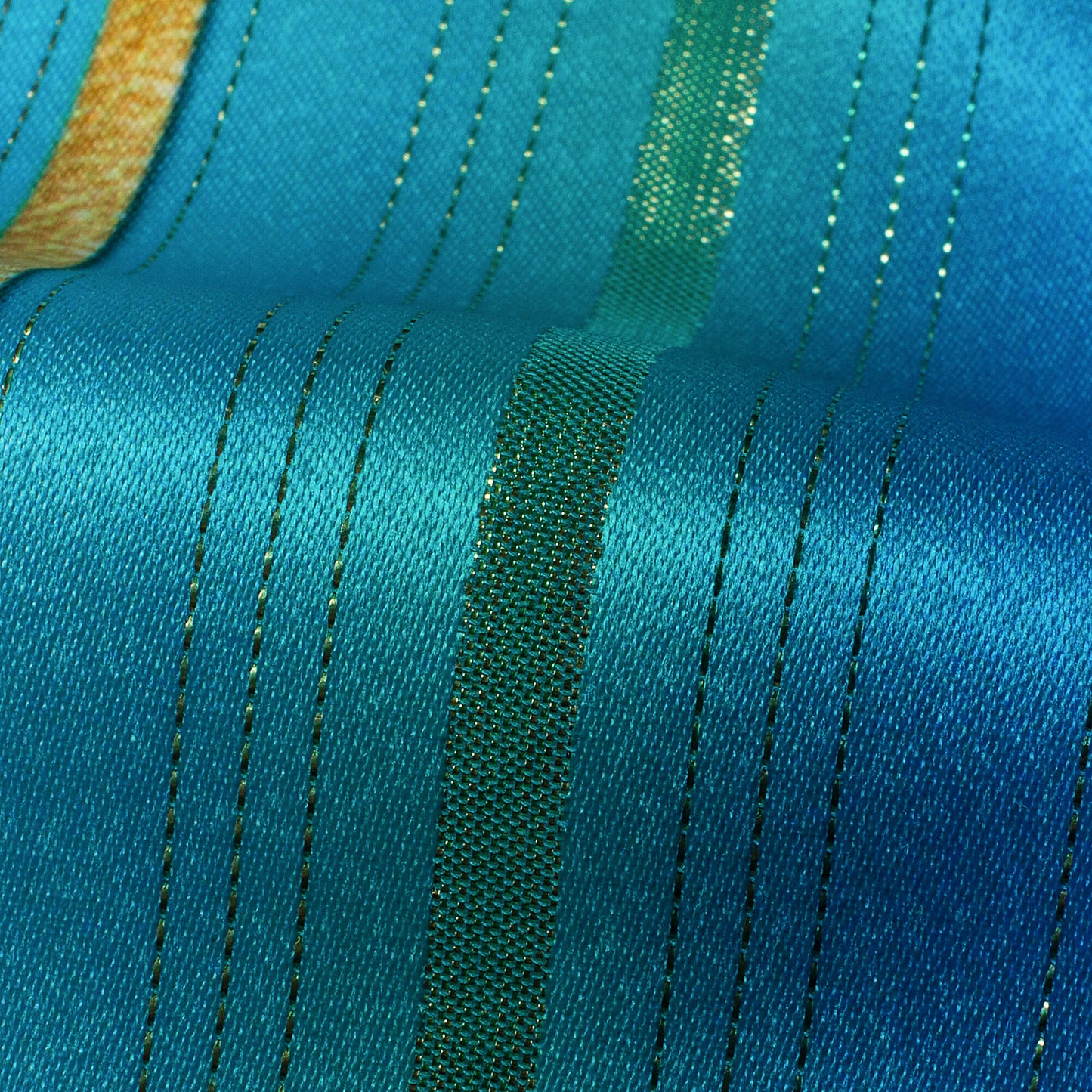 Blue And Pink Stripes Pattern Digital Print Golden Lurex Satin Fabric - Fabcurate