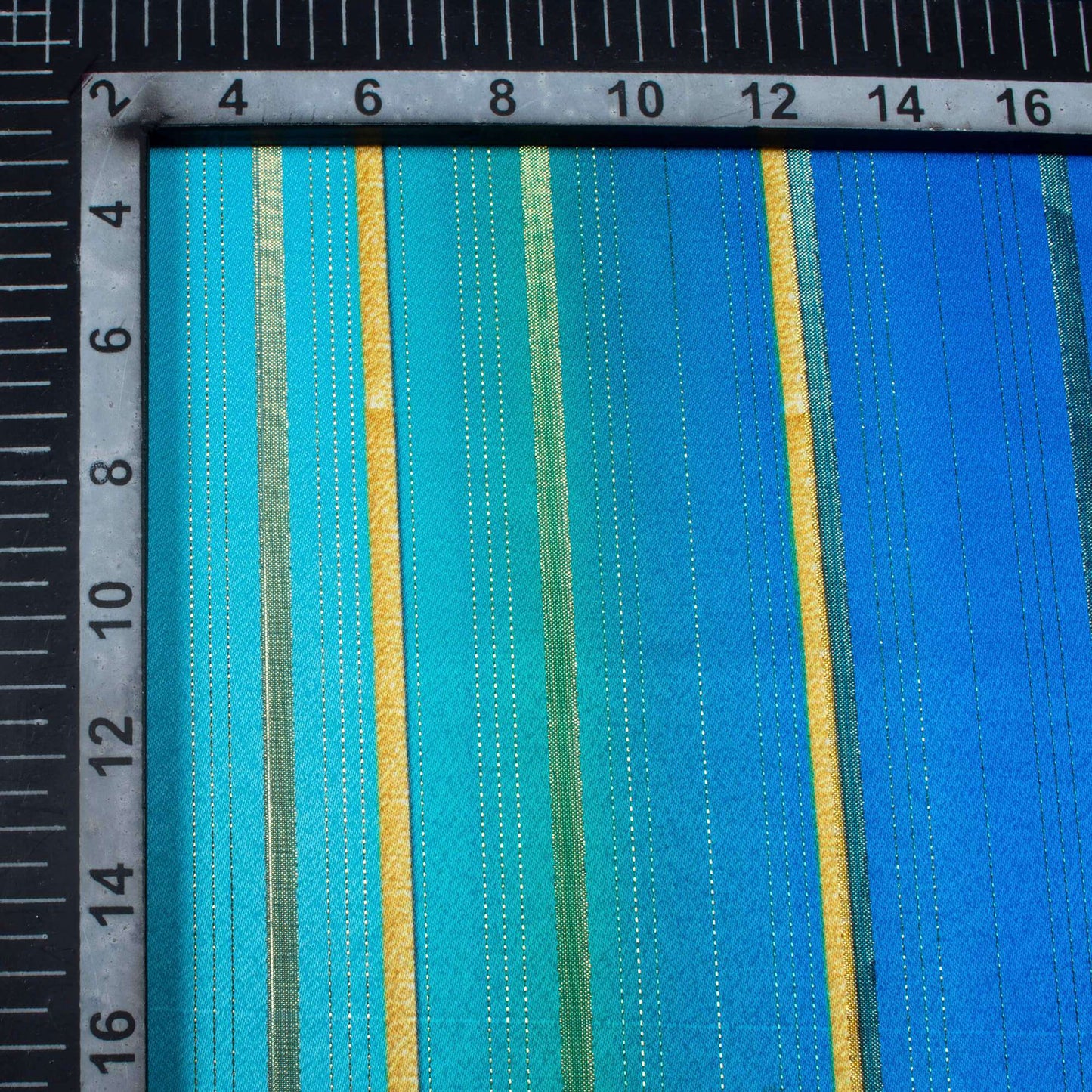 Blue And Pink Stripes Pattern Digital Print Golden Lurex Satin Fabric - Fabcurate
