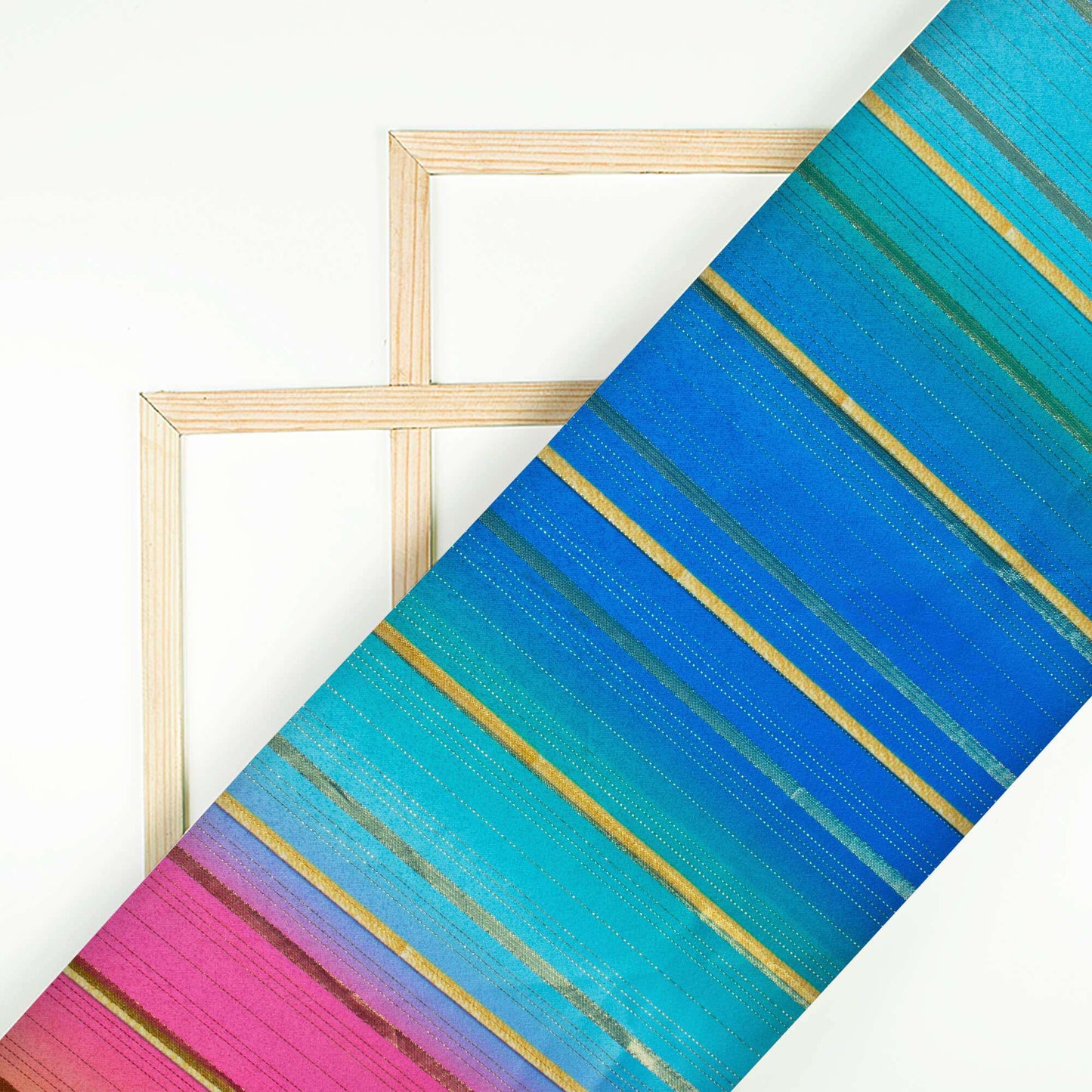Blue And Pink Stripes Pattern Digital Print Golden Lurex Satin Fabric - Fabcurate