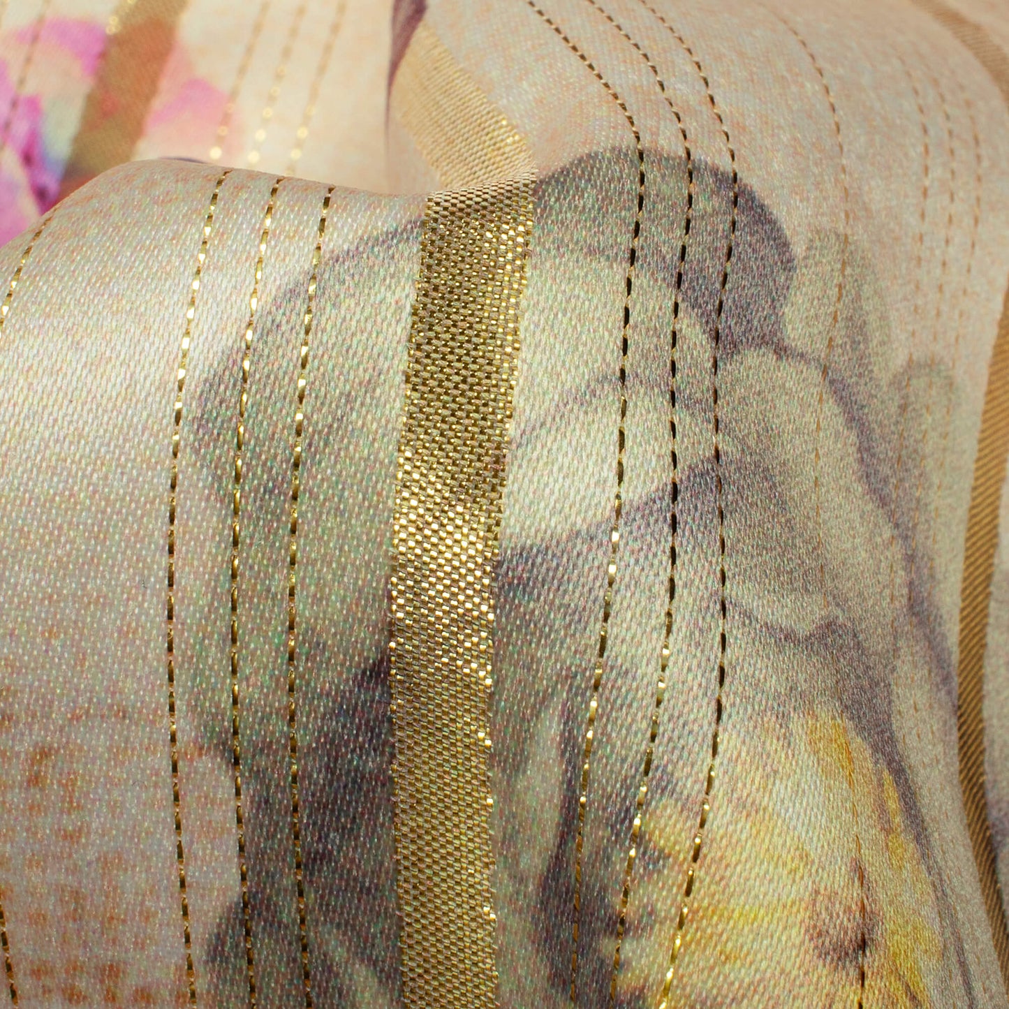 Cream And Pink Floral Pattern Digital Print Golden Lurex Satin Fabric - Fabcurate