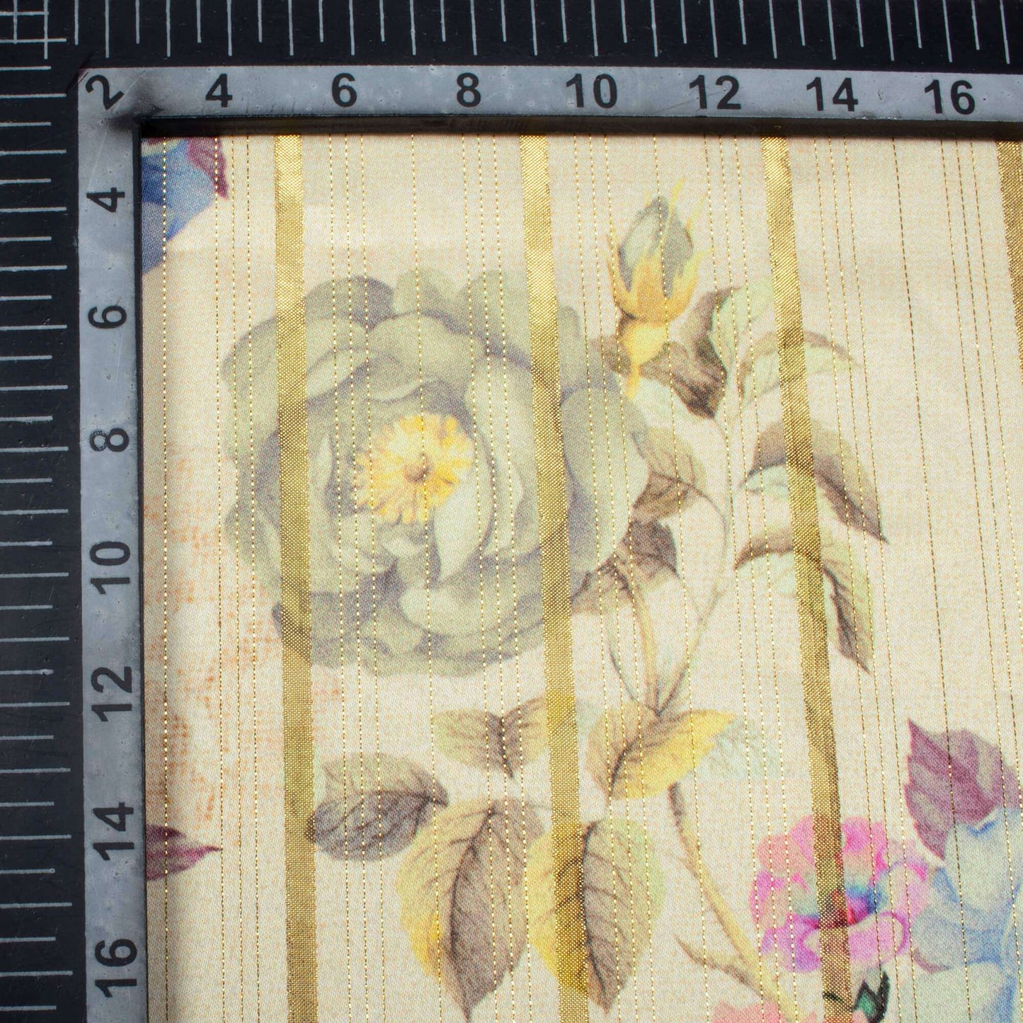 Cream And Pink Floral Pattern Digital Print Golden Lurex Satin Fabric - Fabcurate
