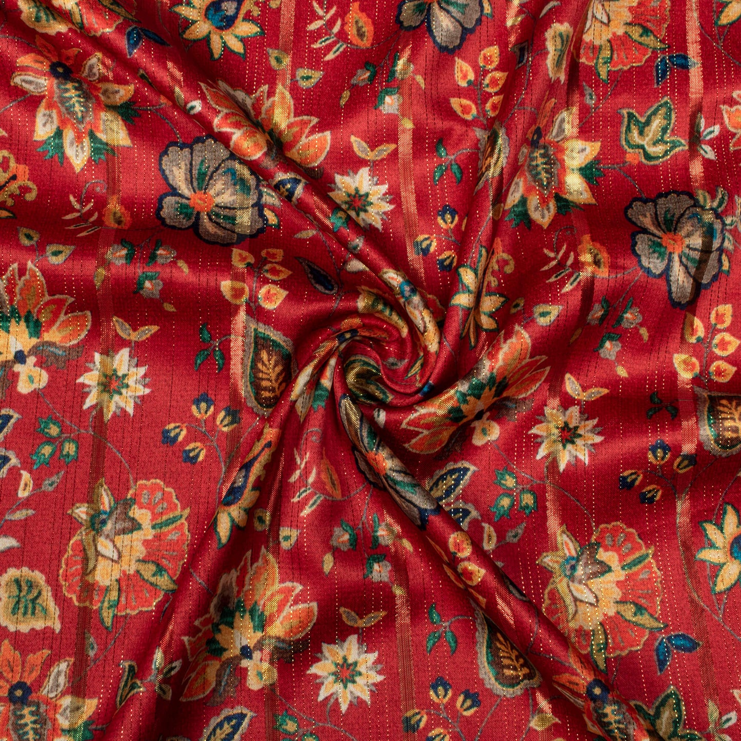 Blood Red And Ochre Yellow Floral Pattern Digital Print Golden Lurex Satin Fabric - Fabcurate