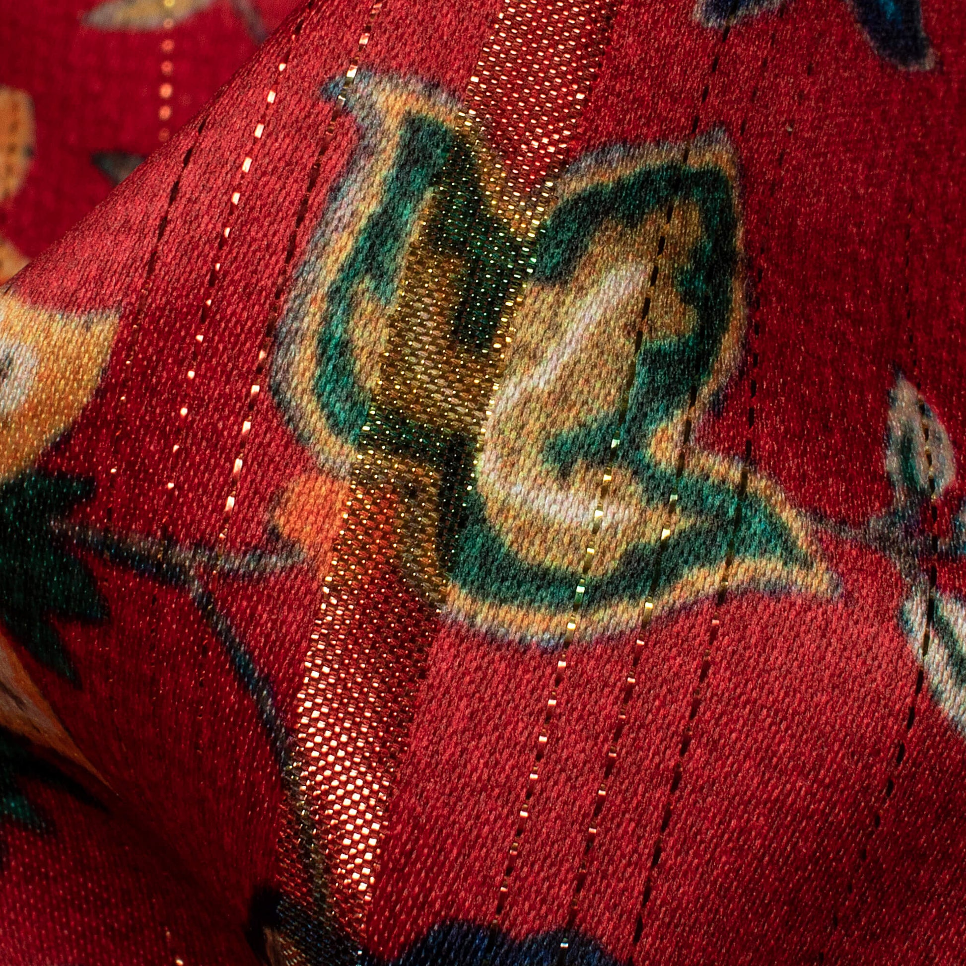 Blood Red And Ochre Yellow Floral Pattern Digital Print Golden Lurex Satin Fabric - Fabcurate