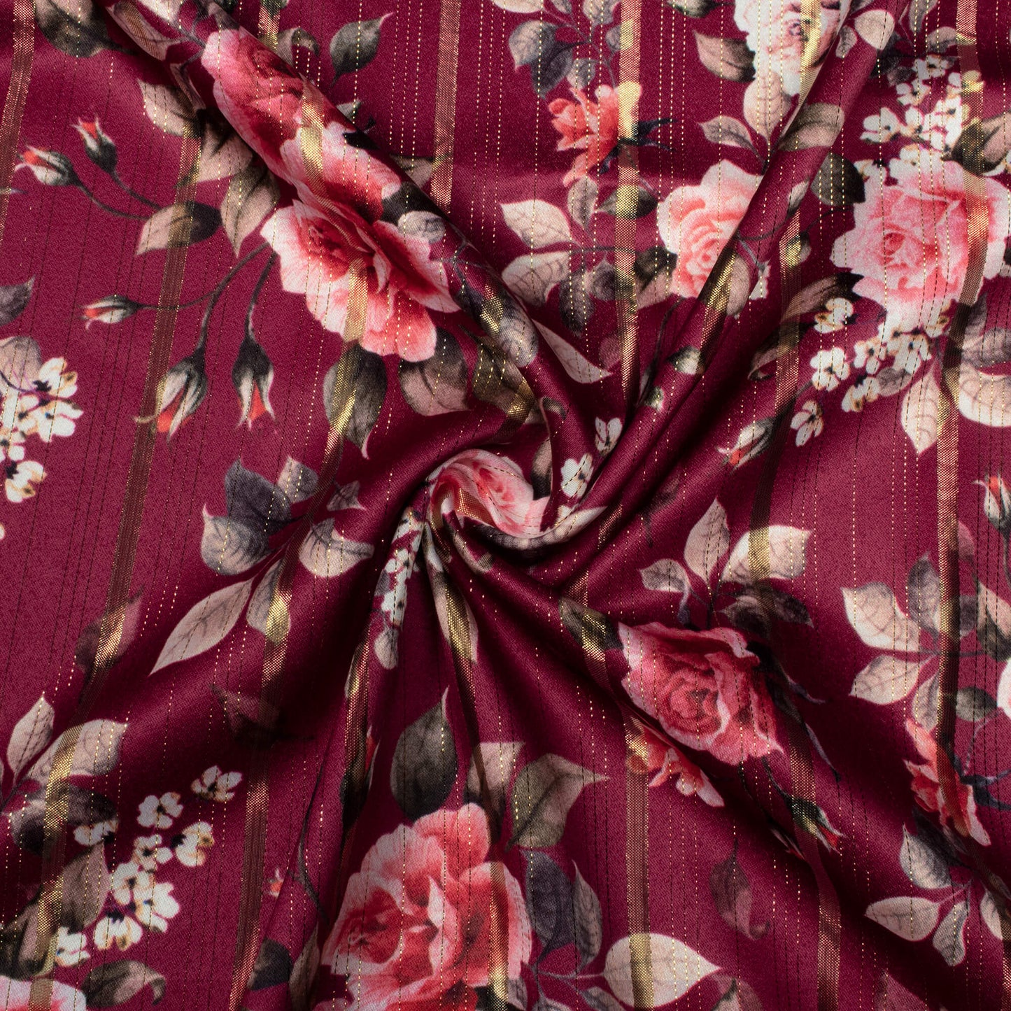 Maroon And Rose Red Color Floral Pattern Digital Print Golden Lurex Satin Fabric - Fabcurate