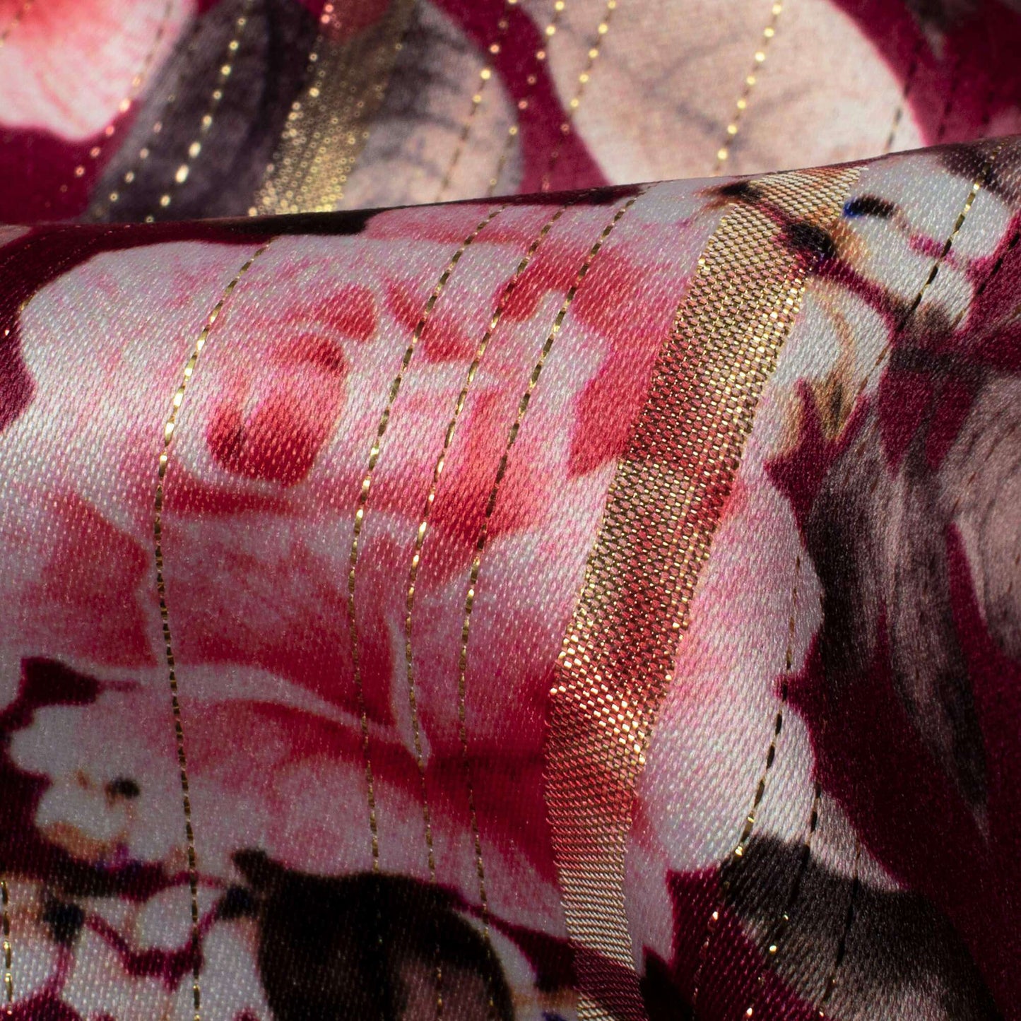 Maroon And Rose Red Color Floral Pattern Digital Print Golden Lurex Satin Fabric - Fabcurate