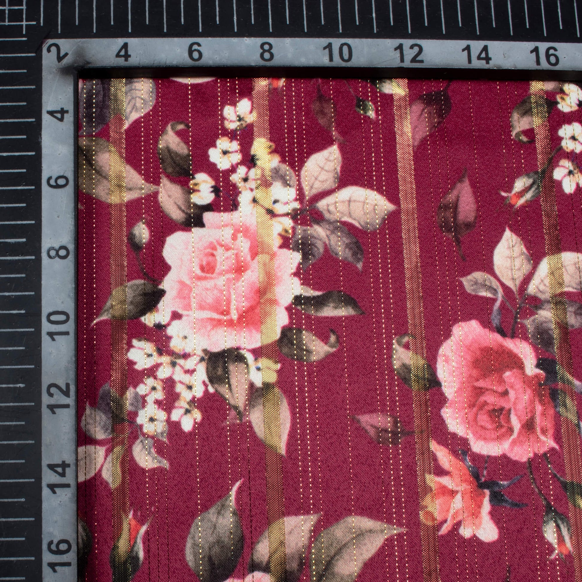 Maroon And Rose Red Color Floral Pattern Digital Print Golden Lurex Satin Fabric - Fabcurate