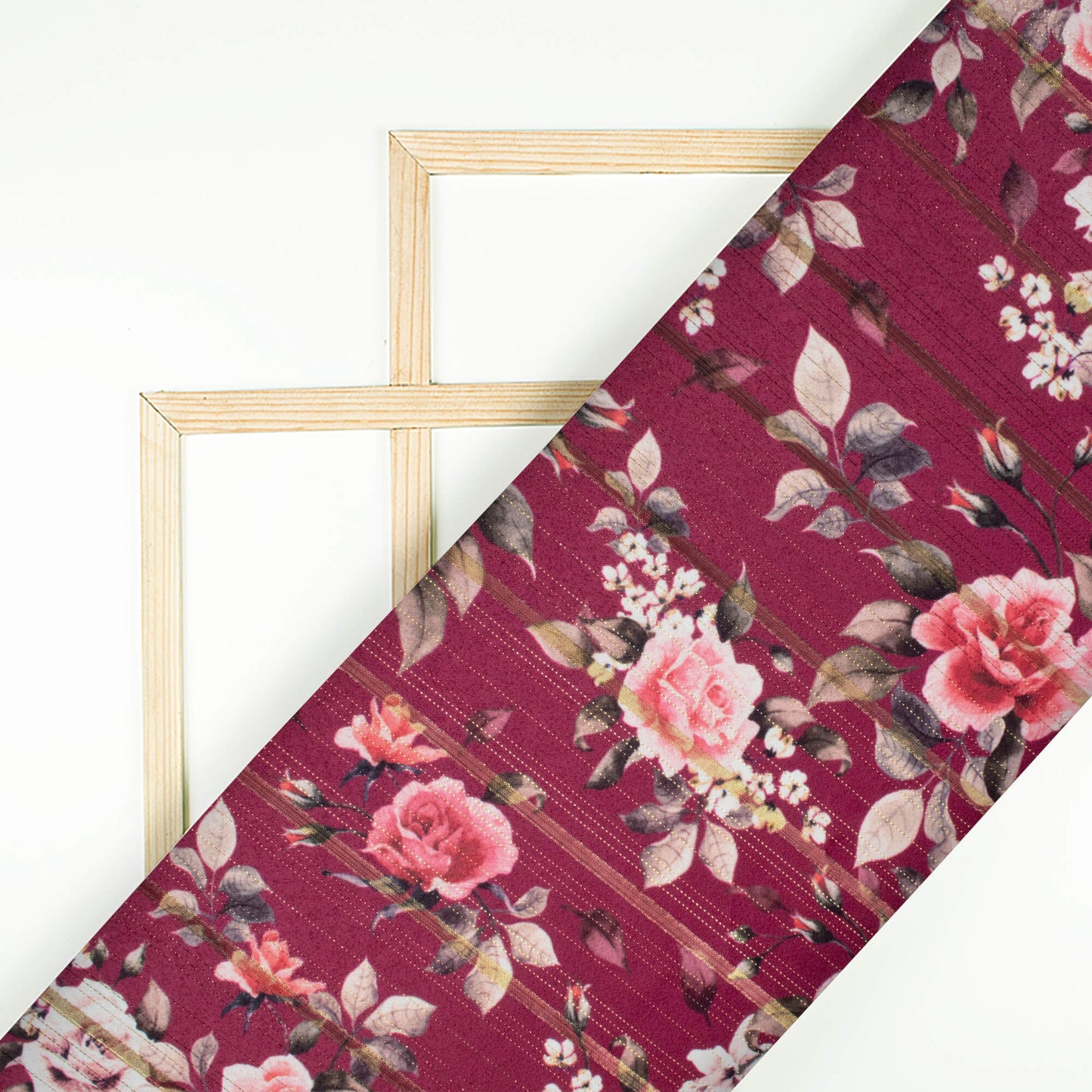 Maroon And Rose Red Color Floral Pattern Digital Print Golden Lurex Satin Fabric - Fabcurate