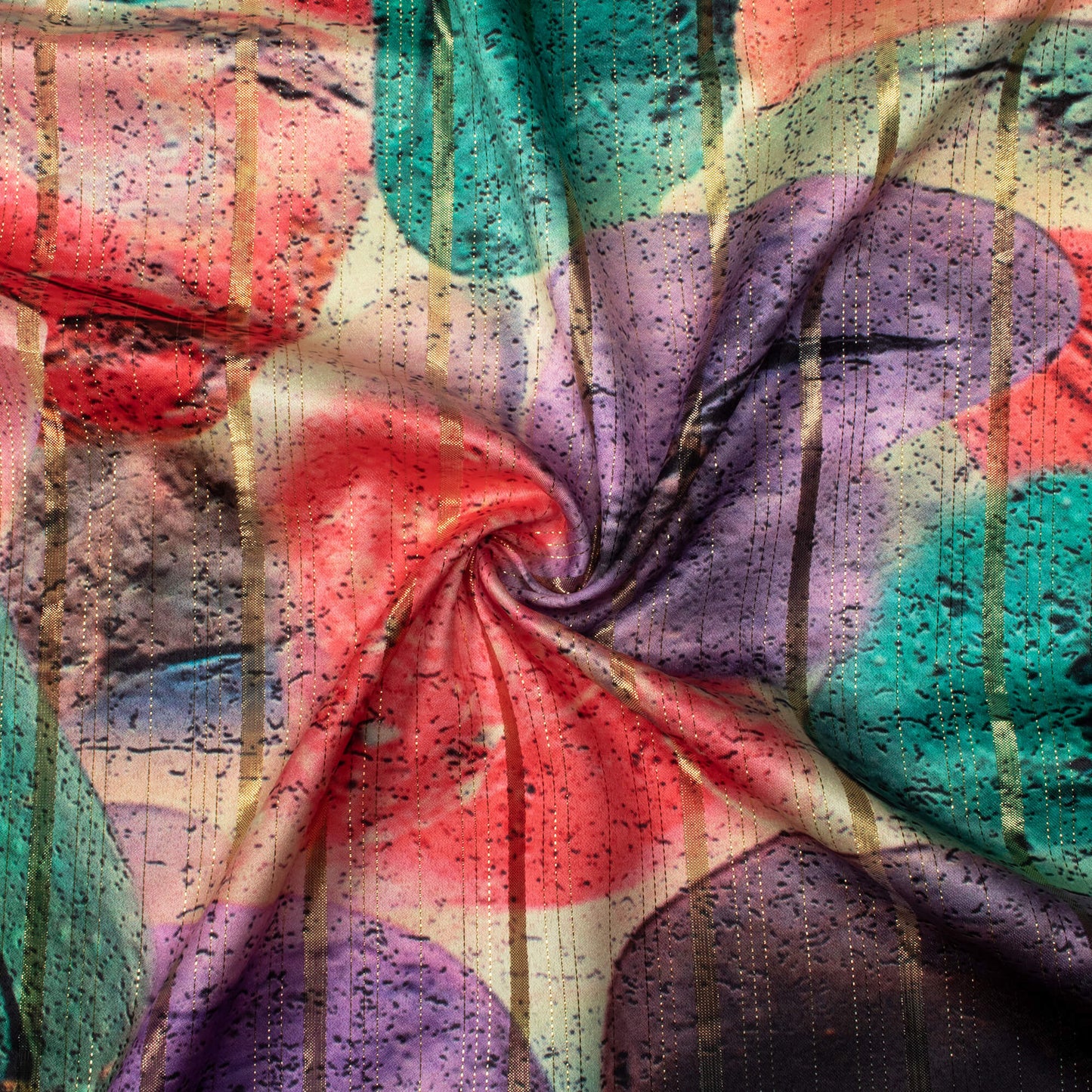 Lemon Yellow And Purple Abstract Pattern Digital Print Golden Lurex Satin Fabric - Fabcurate