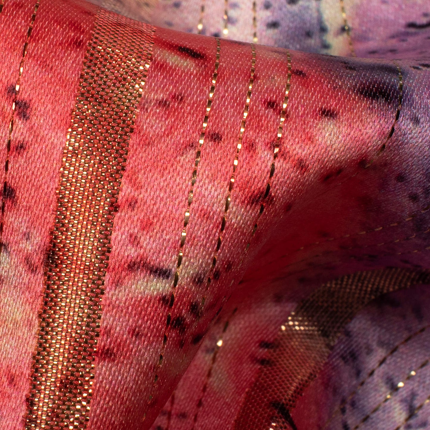 Lemon Yellow And Purple Abstract Pattern Digital Print Golden Lurex Satin Fabric - Fabcurate