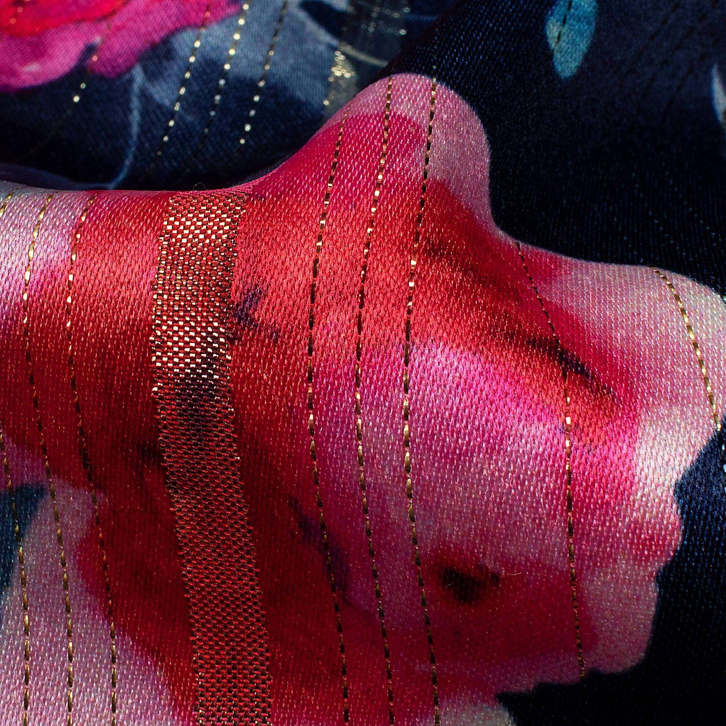 Space Blue And Raspberry Red Floral Pattern Digital Print Golden Lurex Satin Fabric - Fabcurate