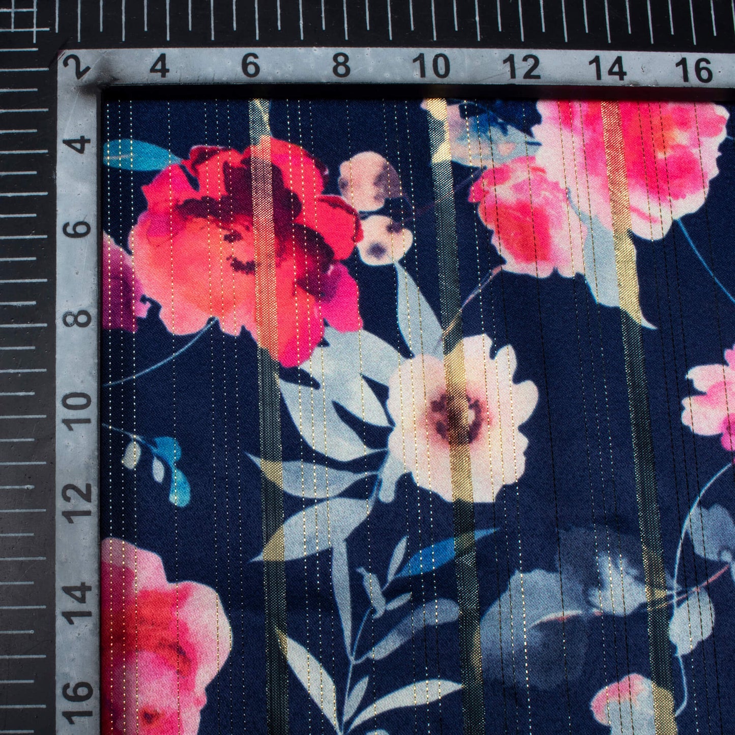 Space Blue And Raspberry Red Floral Pattern Digital Print Golden Lurex Satin Fabric - Fabcurate