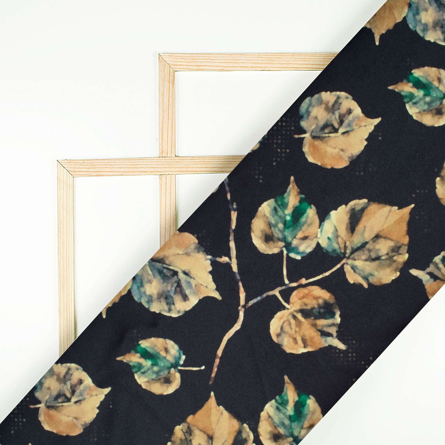 Black And Brown Leaf Pattern Digital Print Japan Satin Fabric - Fabcurate