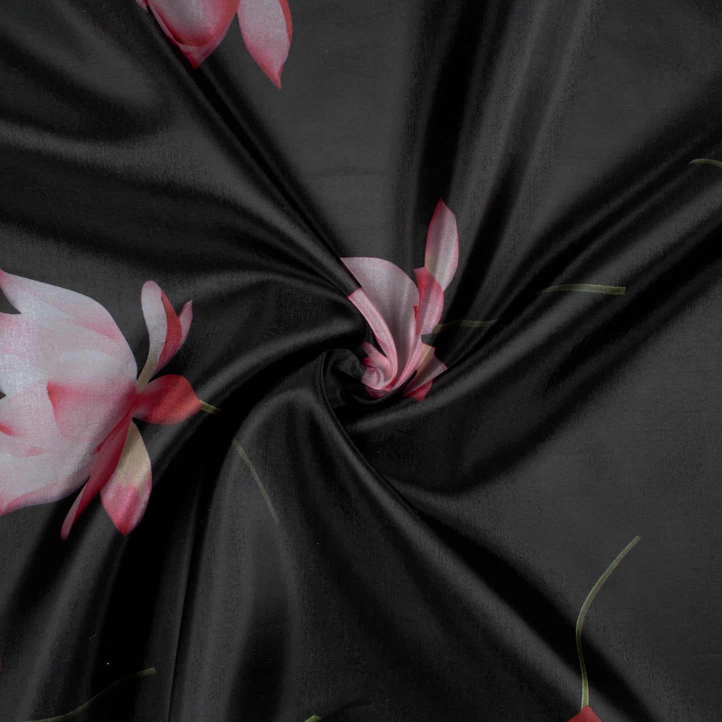 Black And Pink Floral Pattern Digital Print Premium Liquid Organza Fabric - Fabcurate