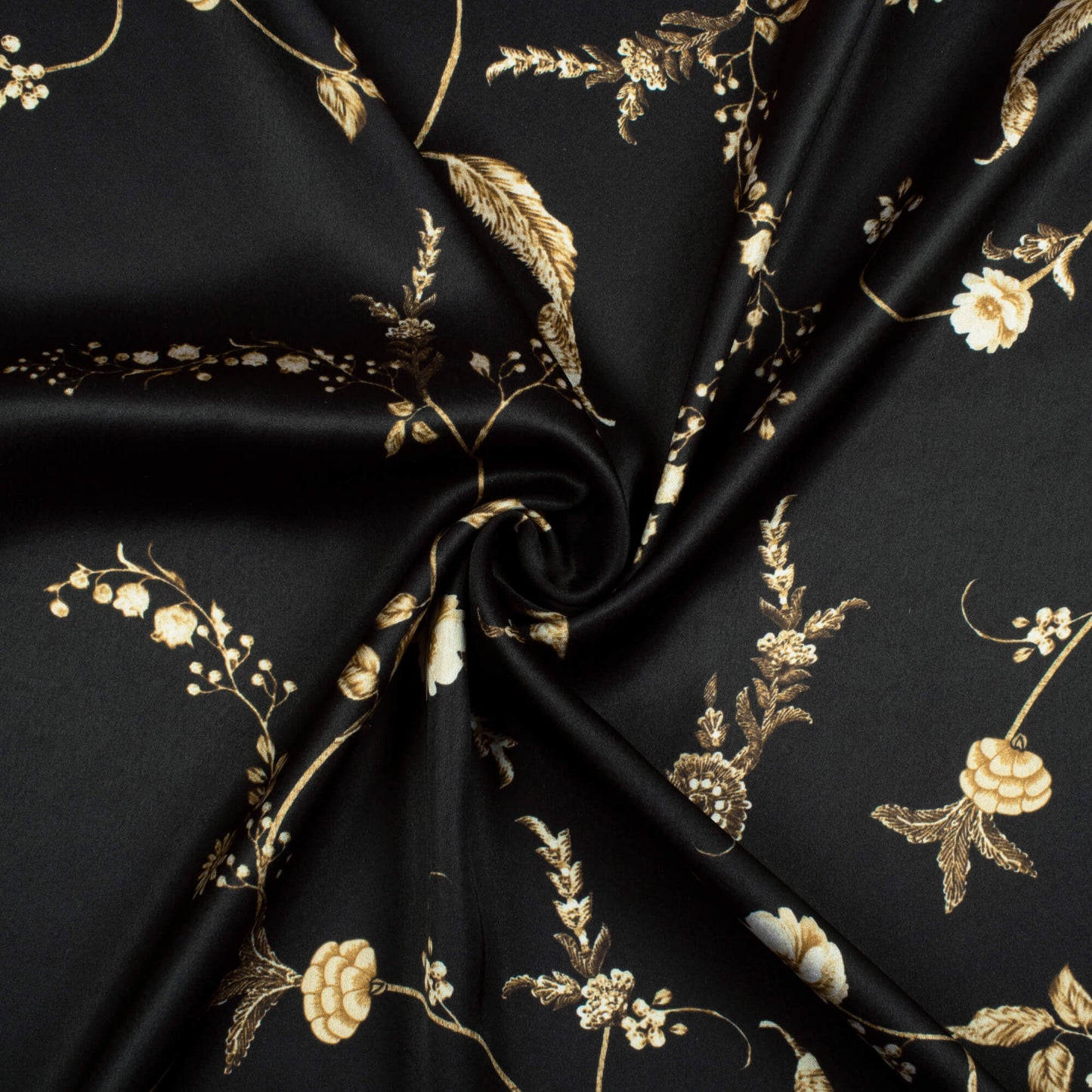 Black And Sepia Brown Floral Pattern Digital Print Japan Satin Fabric - Fabcurate