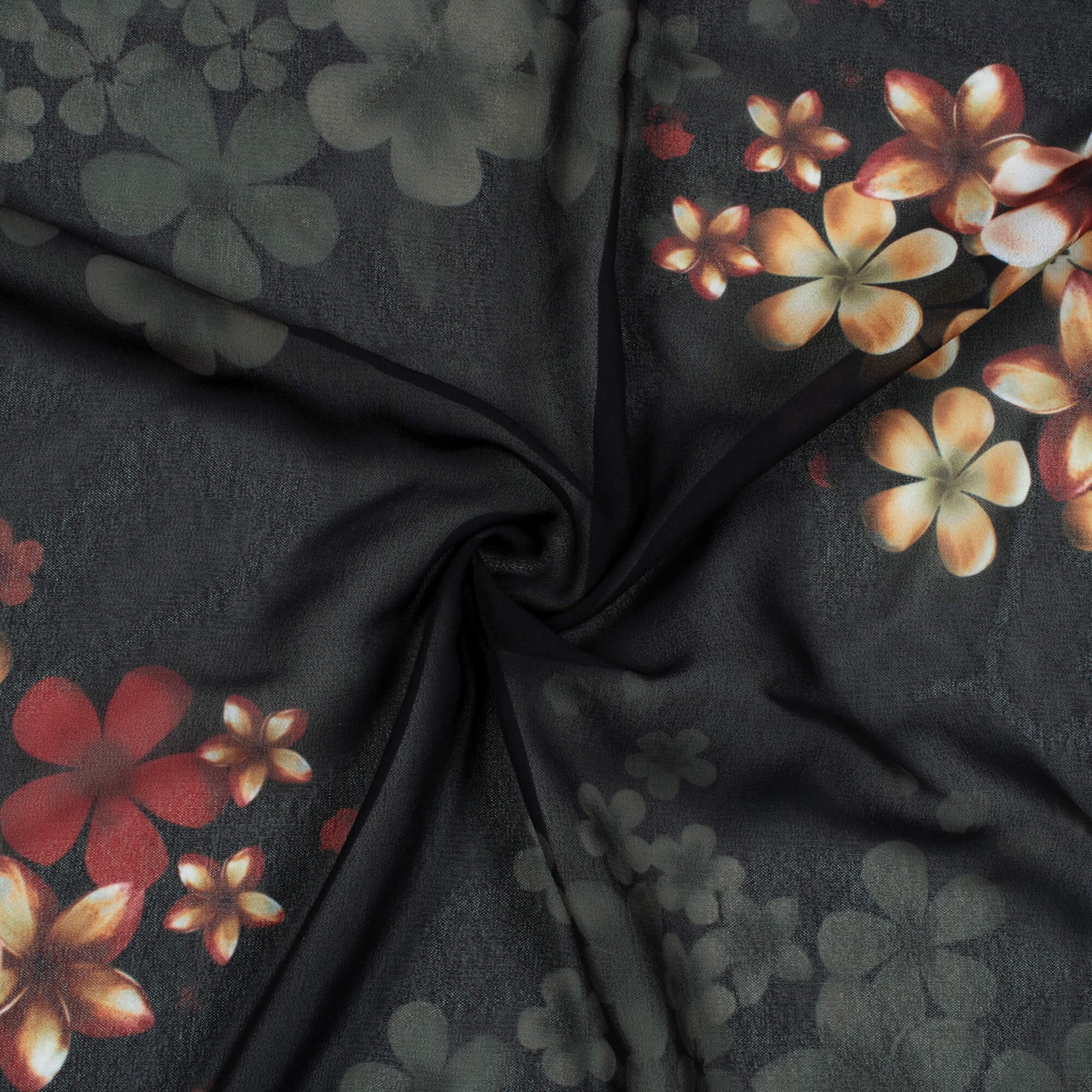 Black And Peru Brown Floral Pattern Digital Print Georgette Fabric - Fabcurate