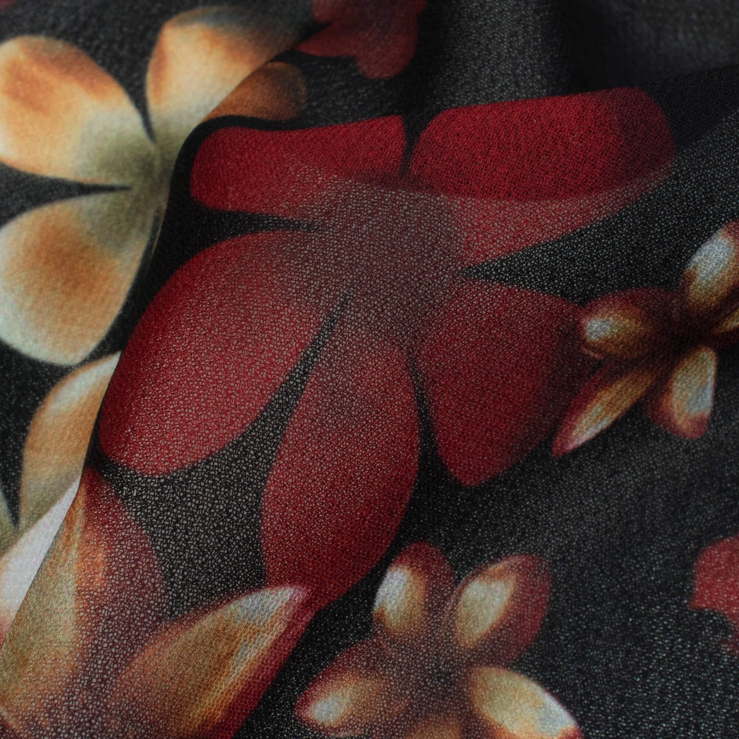 Black And Peru Brown Floral Pattern Digital Print Georgette Fabric - Fabcurate