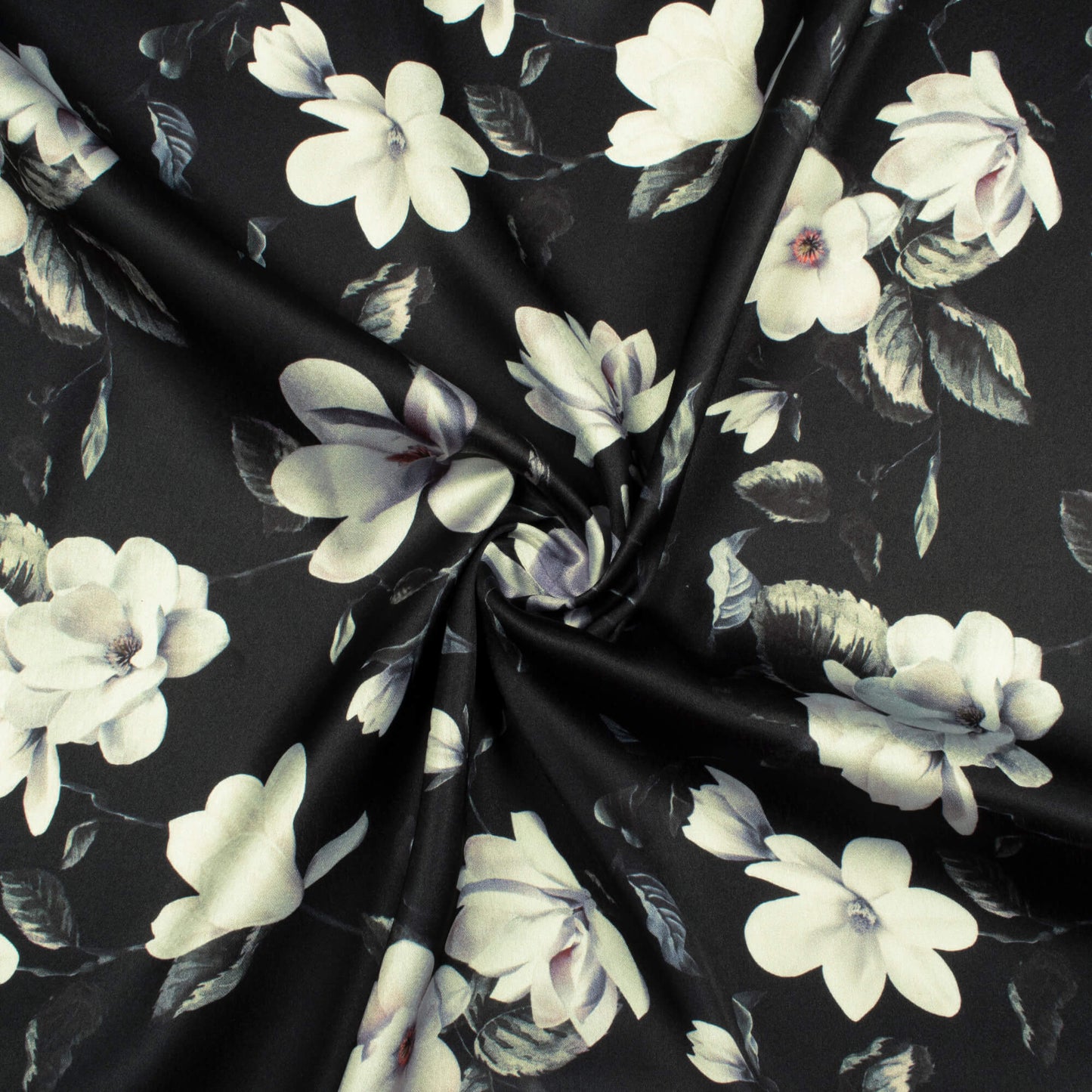 Black And Off White Floral Pattern Digital Print Japan Satin Fabric - Fabcurate