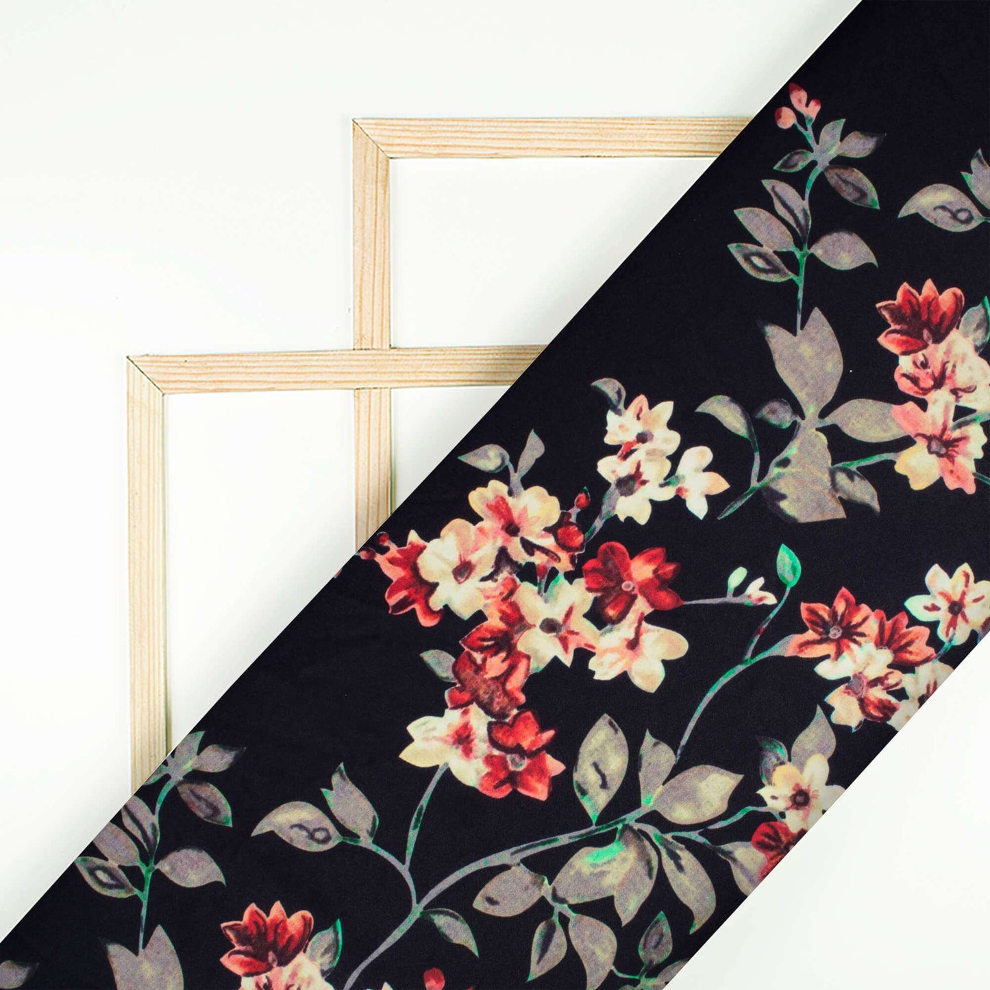 Black And Vermilion Red Floral Pattern Digital Print Ultra Premium Butter Crepe Fabric - Fabcurate