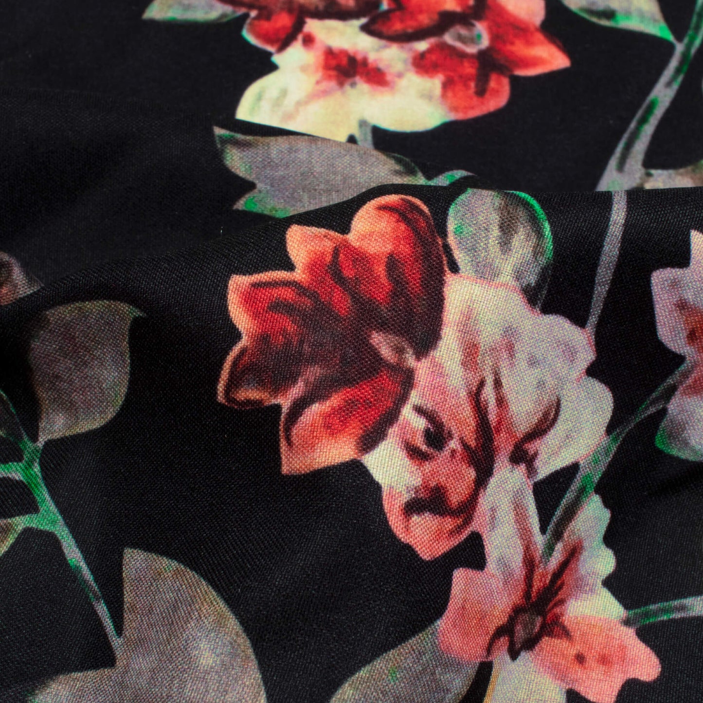 Black And Vermilion Red Floral Pattern Digital Print Ultra Premium Butter Crepe Fabric - Fabcurate