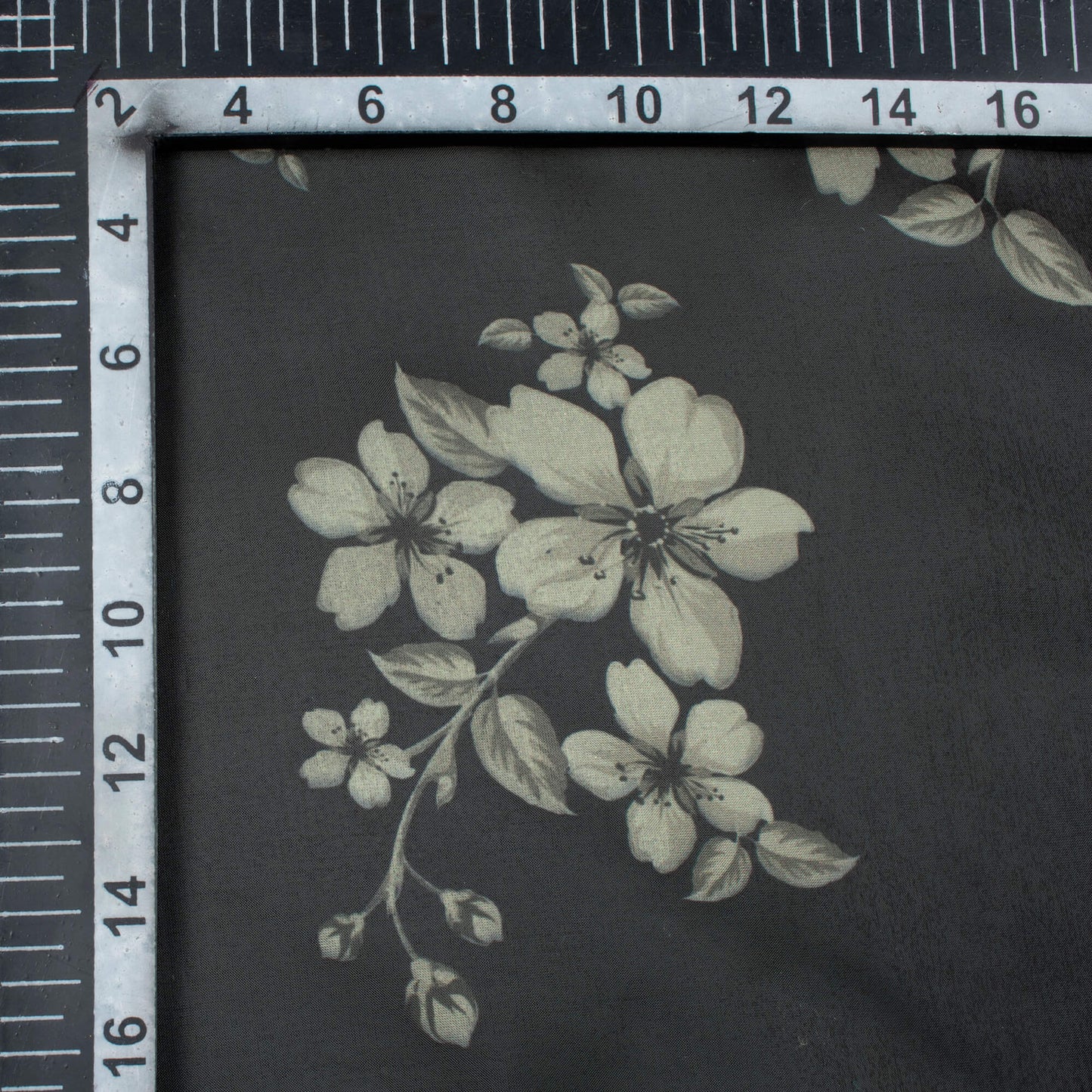 Black And Off White Floral Pattern Digital Print Premium Liquid Organza Fabric - Fabcurate