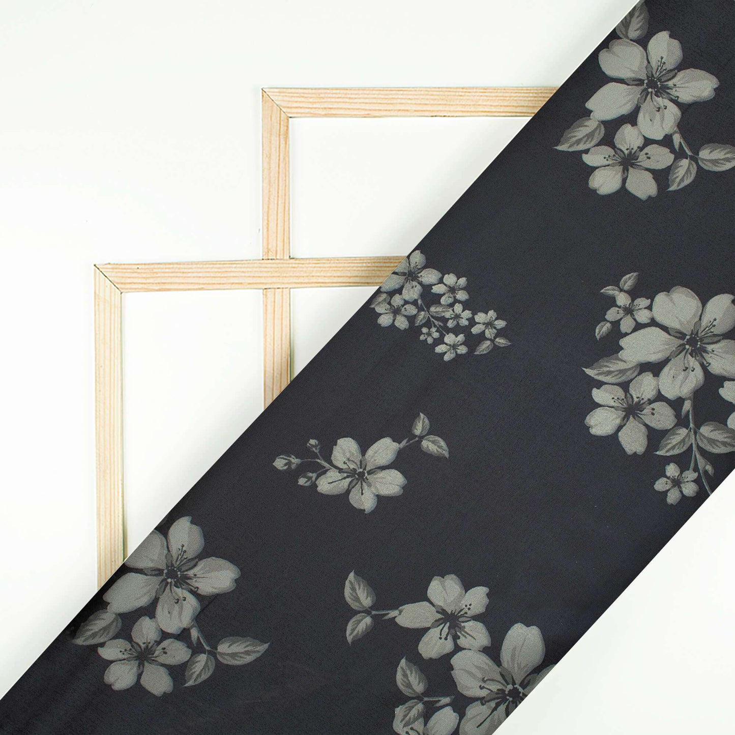 Black And Off White Floral Pattern Digital Print Premium Liquid Organza Fabric - Fabcurate