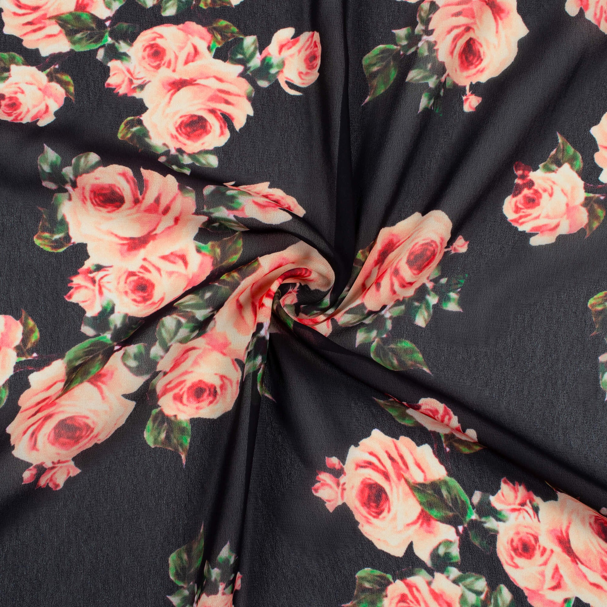 Black And Salmon Pink Floral Pattern Digital Print Georgette Fabric - Fabcurate