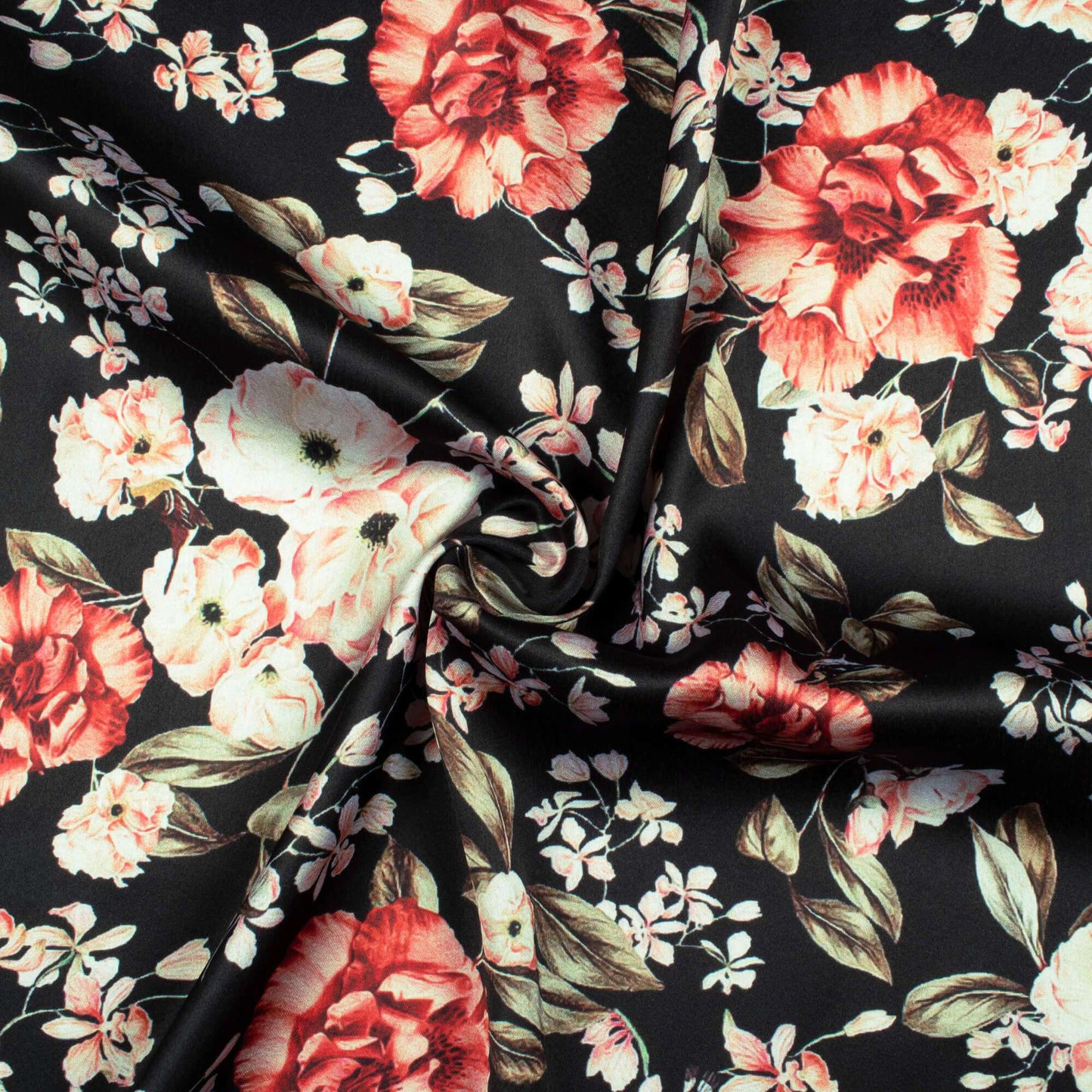 Black And Pink Floral Pattern Digital Print Japan Satin Fabric - Fabcurate