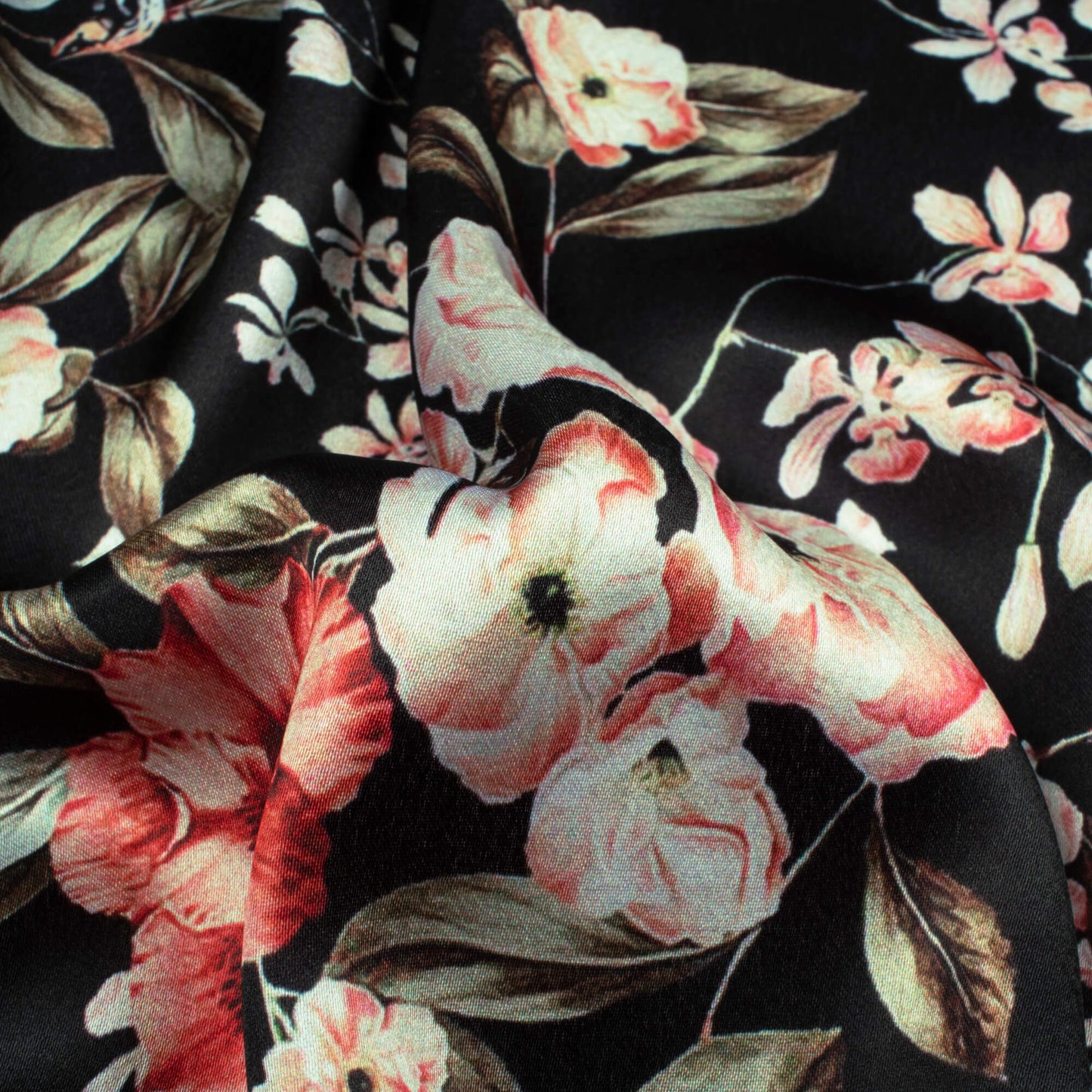 Black And Pink Floral Pattern Digital Print Japan Satin Fabric - Fabcurate