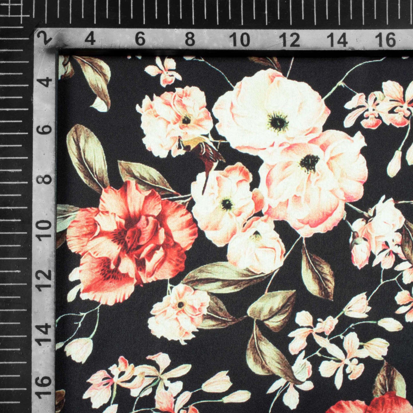 Black And Pink Floral Pattern Digital Print Japan Satin Fabric - Fabcurate