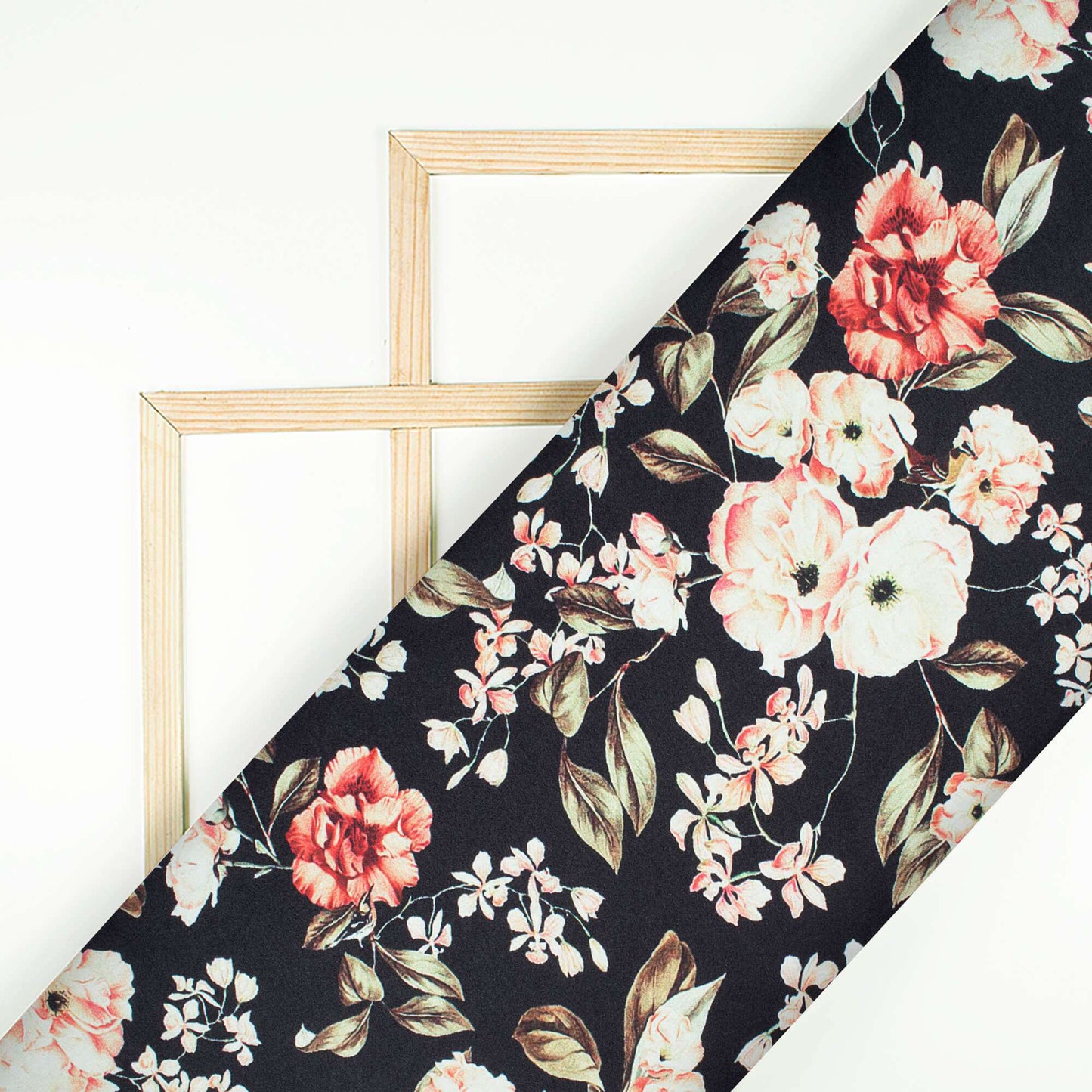 Black And Pink Floral Pattern Digital Print Japan Satin Fabric - Fabcurate