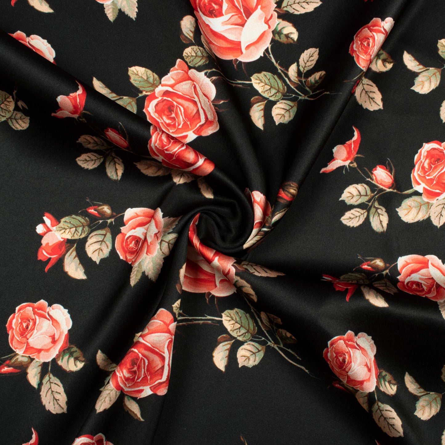 Black And Pink Floral Pattern Digital Print Japan Satin Fabric - Fabcurate