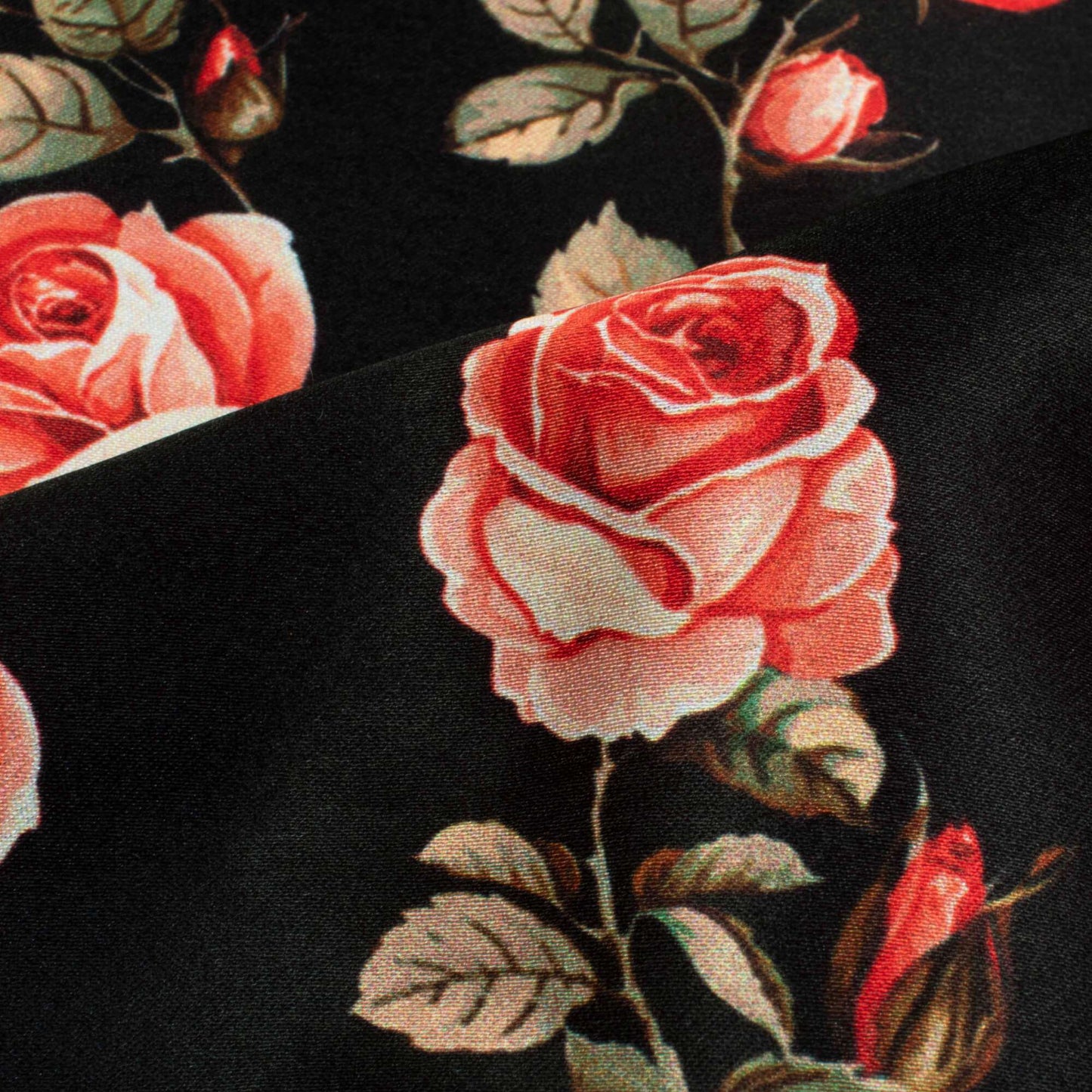 Black And Pink Floral Pattern Digital Print Japan Satin Fabric - Fabcurate