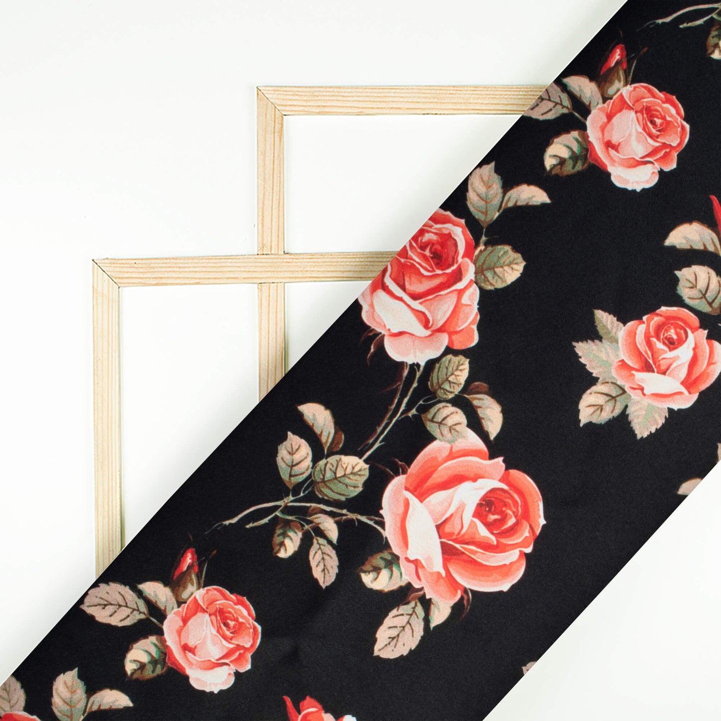 Black And Pink Floral Pattern Digital Print Japan Satin Fabric - Fabcurate