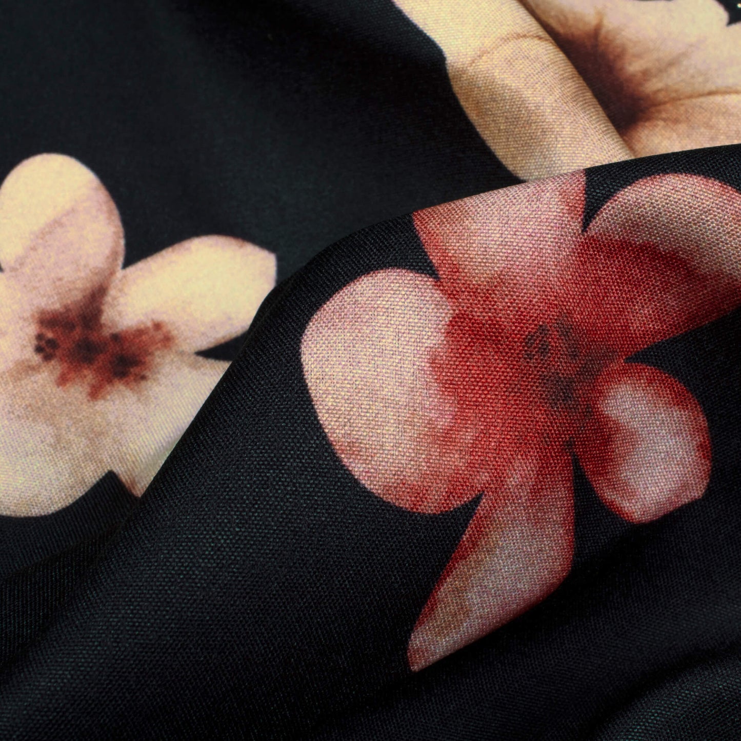 Black And Peach Floral Pattern Digital Print Ultra Premium Butter Crepe Fabric - Fabcurate