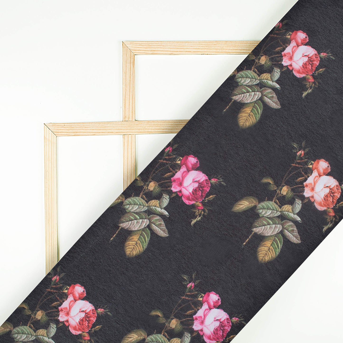 Black And Peach Pink Floral Pattern Digital Print Georgette Fabric - Fabcurate