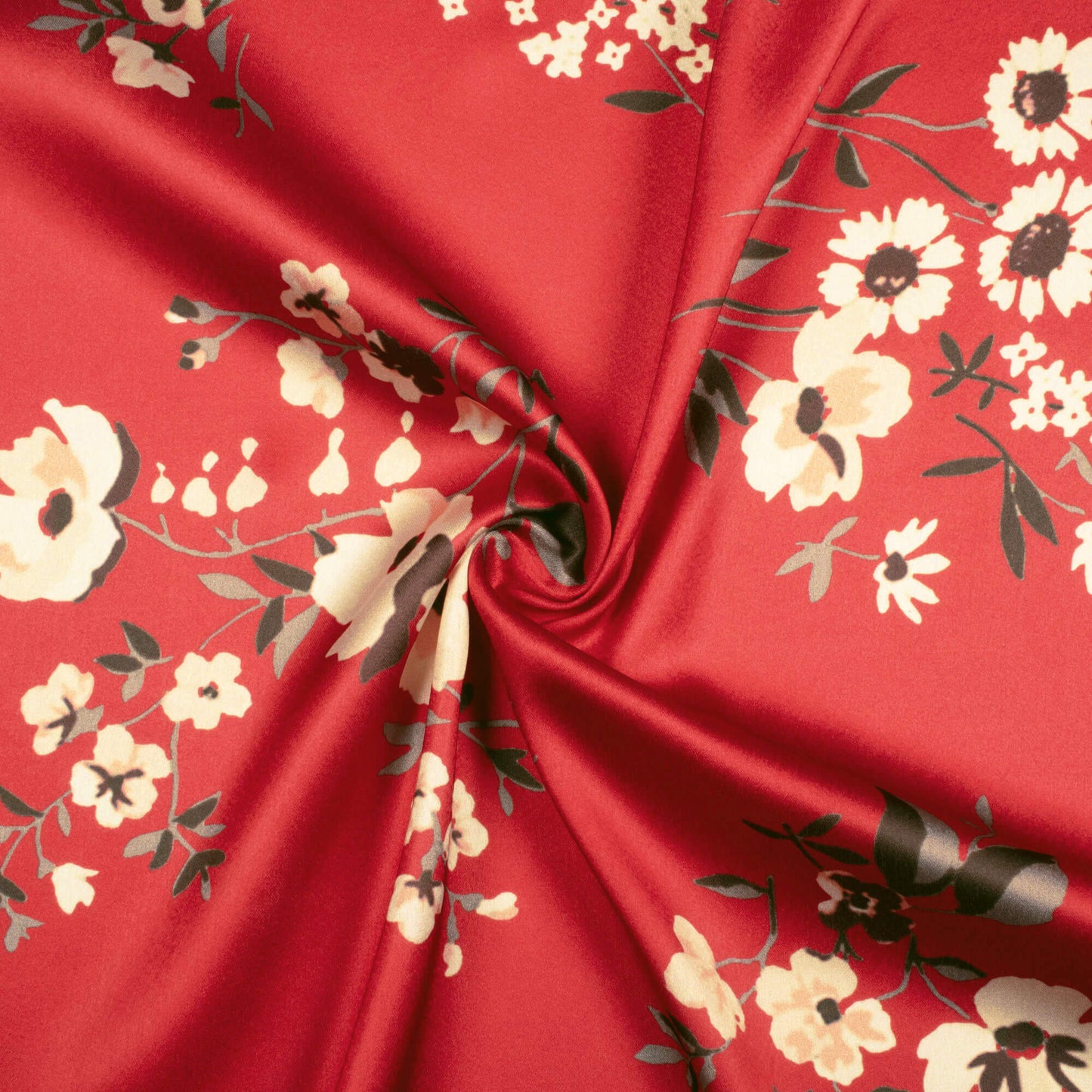 Vermilion Red And Cream Floral Pattern Digital Print Japan Satin Fabric