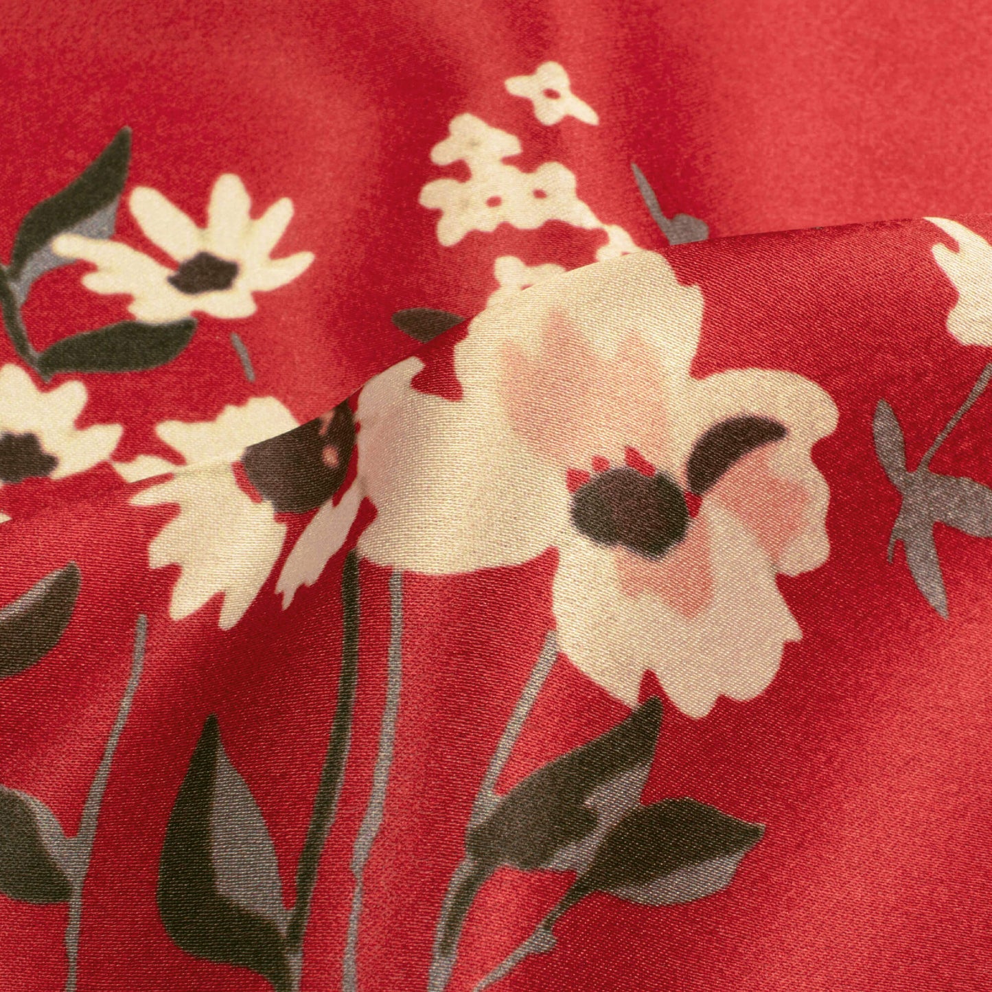 Vermilion Red And Cream Floral Pattern Digital Print Japan Satin Fabric