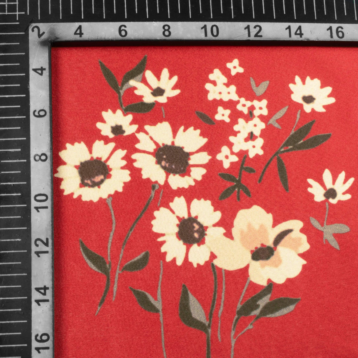 Vermilion Red And Cream Floral Pattern Digital Print Japan Satin Fabric
