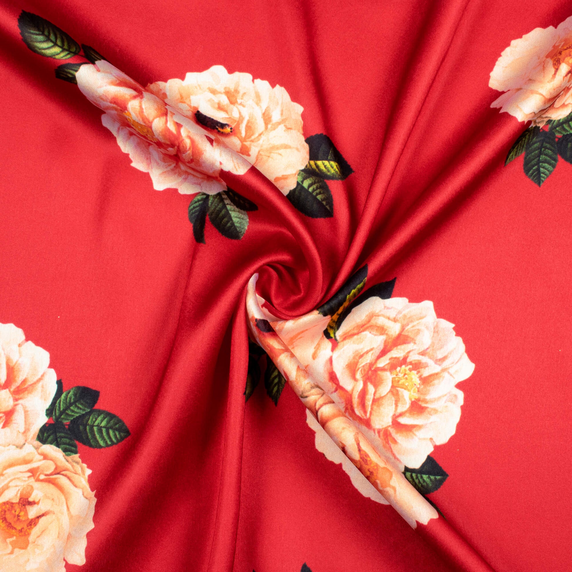 Vermilion Red And Peach Floral Pattern Digital Print Japan Satin Fabric - Fabcurate
