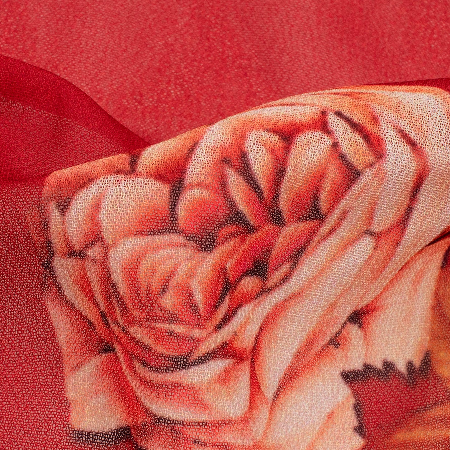 Vermilion Red And Peach Floral Pattern Digital Print Georgette Fabric - Fabcurate