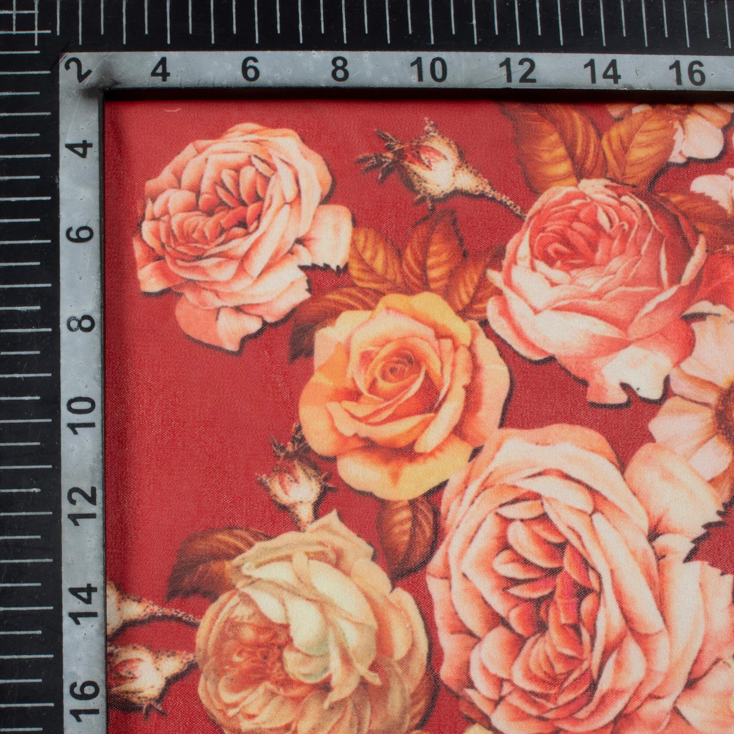 Vermilion Red And Peach Floral Pattern Digital Print Georgette Fabric - Fabcurate