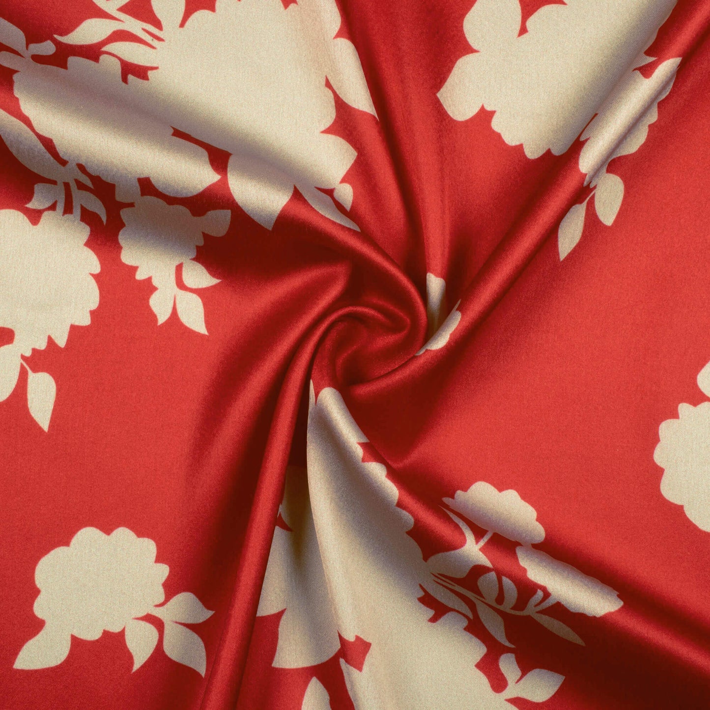 Vermilion Red And Pearl Grey Floral Pattern Digital Print Japan Satin Fabric