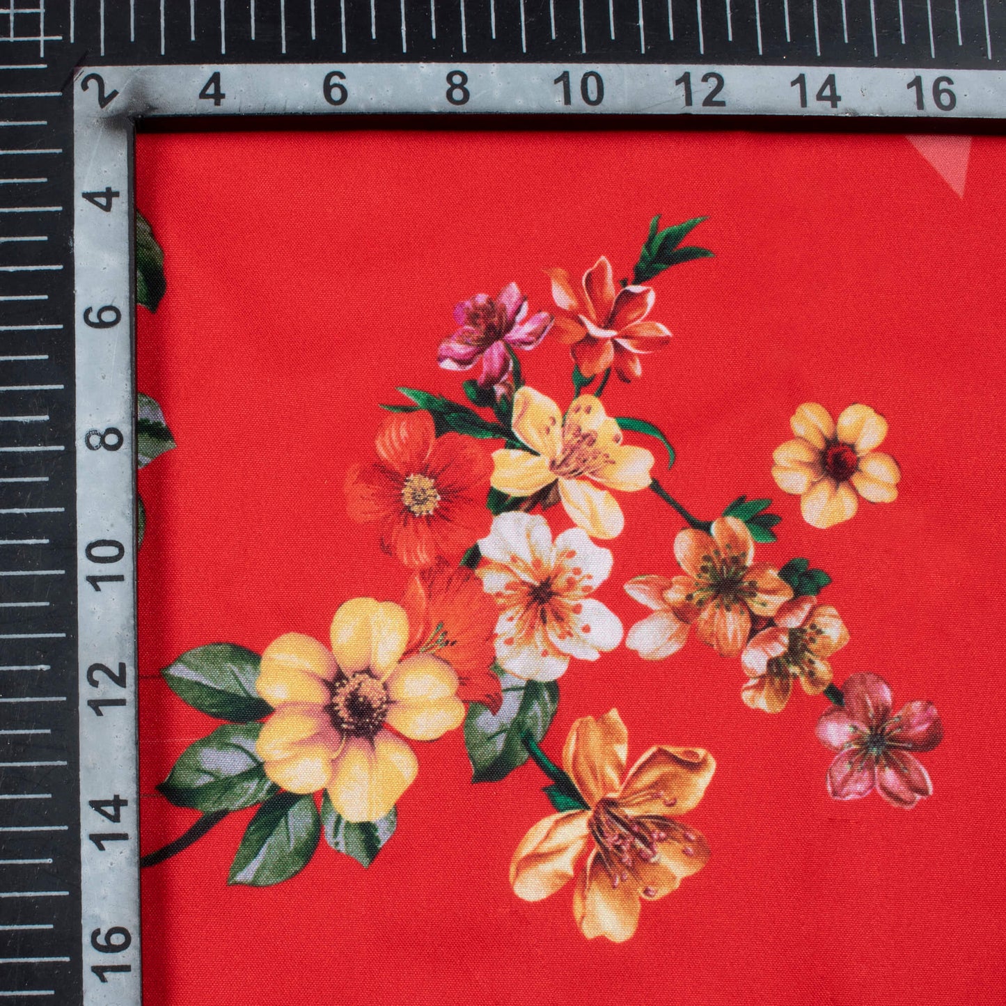 Vermilion Red And Musturd Yellow Floral Pattern Digital Print Ultra Premium Butter Crepe Fabric - Fabcurate