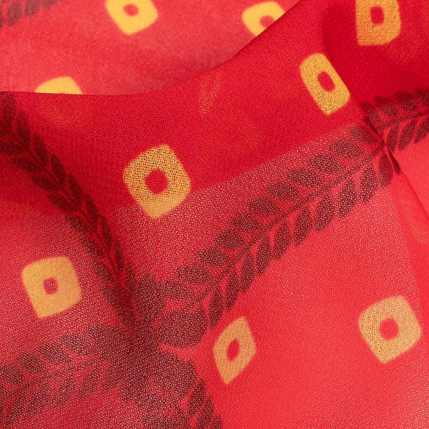 Vermilion Red And Yellow Bandhani Pattern Digital Print Georgette Fabric - Fabcurate