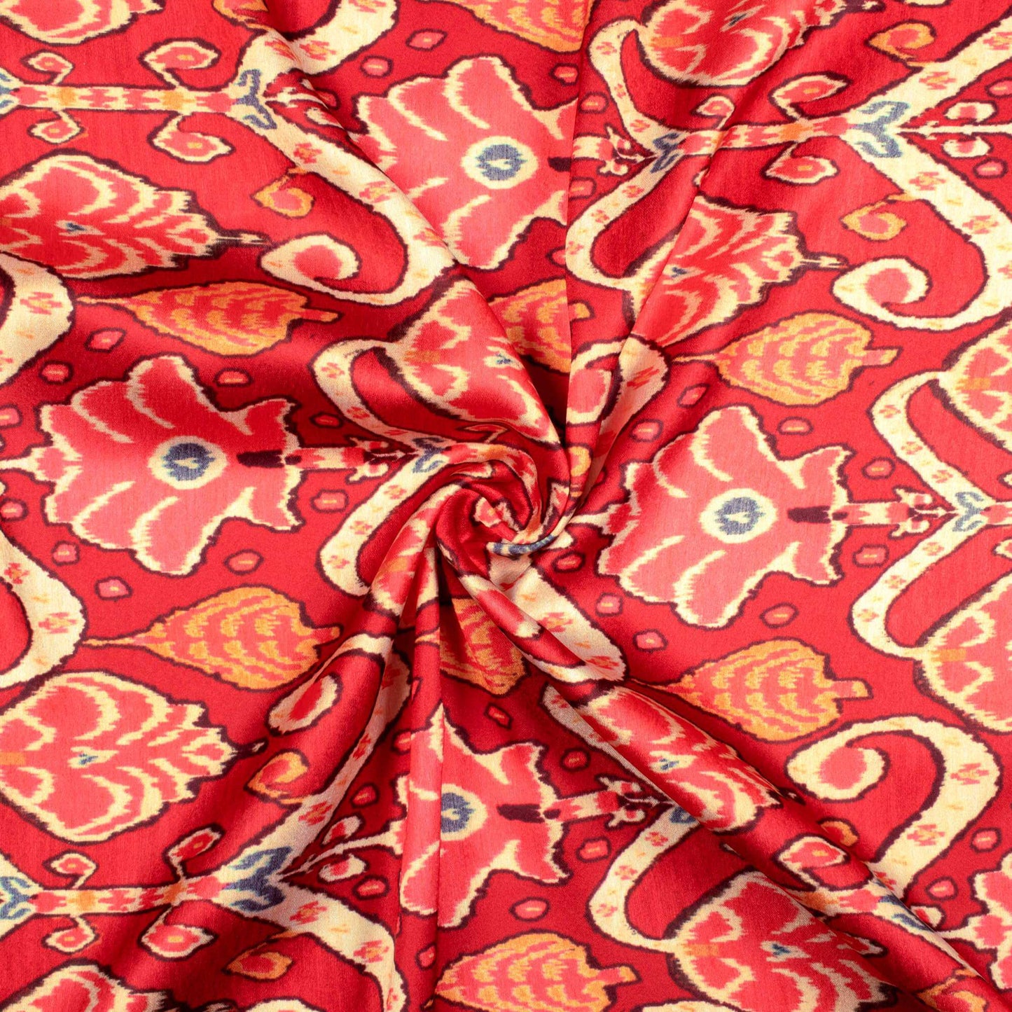 Vermilion Red And Cream Ethnic Pattern Digital Print Japan Satin Fabric - Fabcurate
